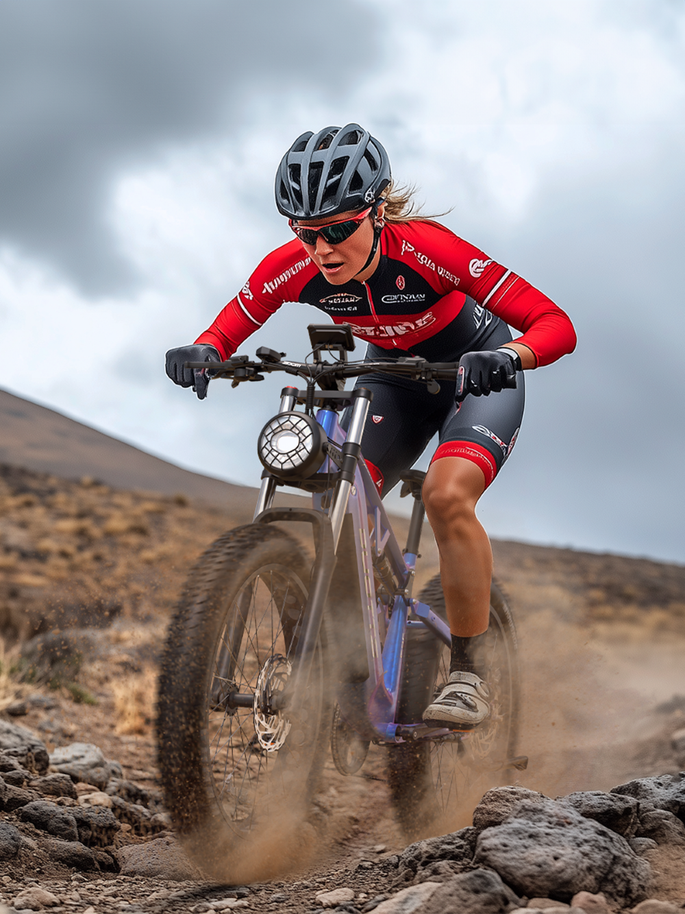 Una mujer monta en bicicleta de montaña por un sendero rocoso. Lleva casco, gafas de sol y maillot rojo. El polvo se levanta de los neumáticos.