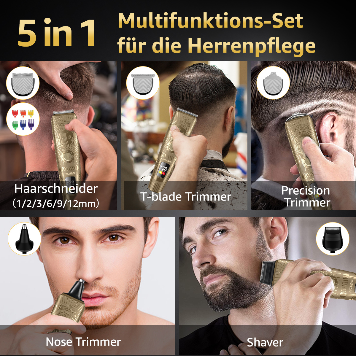 Werbung für ein 5-in-1 Herren-Pflegeset. Nahaufnahmen der Werkzeuge: Haarschneider, T-Blade-Trimmer, Präzisionstrimmer, Nasen-Trimmer und Rasierer.