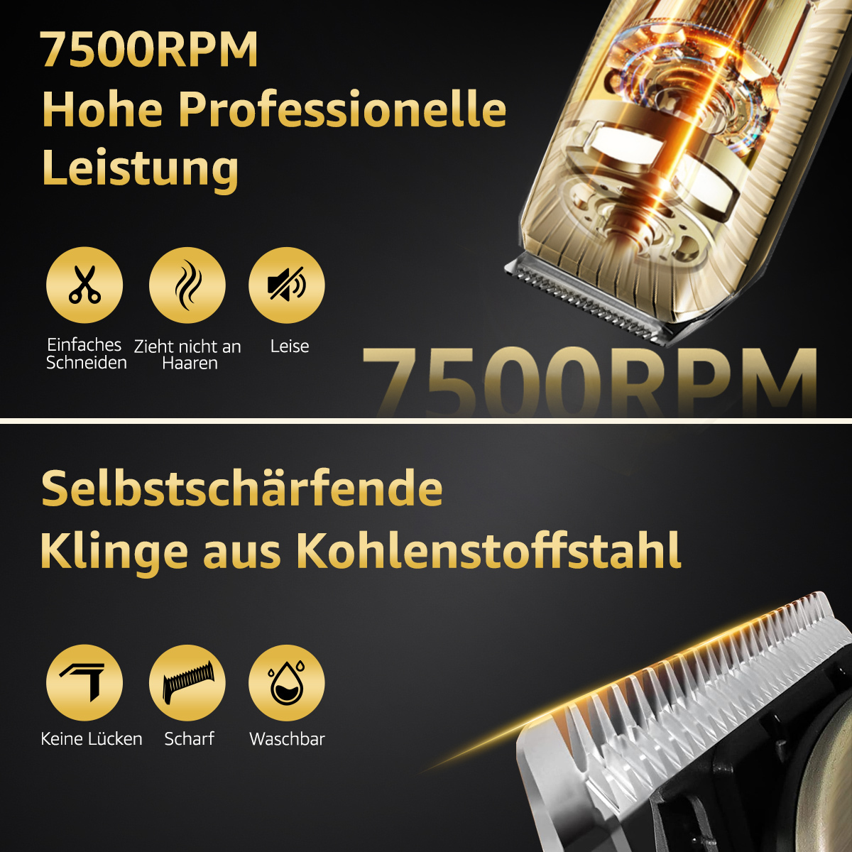Nahaufnahme eines goldenen und silbernen Haarschneiders. Text enthält '7500RPM', 'Professionelle Leistung' und Symbole für einfaches Schneiden, kein Ziehen und leisen Betrieb.