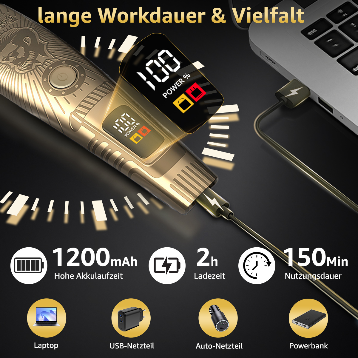 Ein goldener Rasierer wird aufgeladen und zeigt 100 % Leistung. Symbole zeigen Akkulaufzeit, Ladezeit und Nutzungsdauer. Andere Lademöglichkeiten.