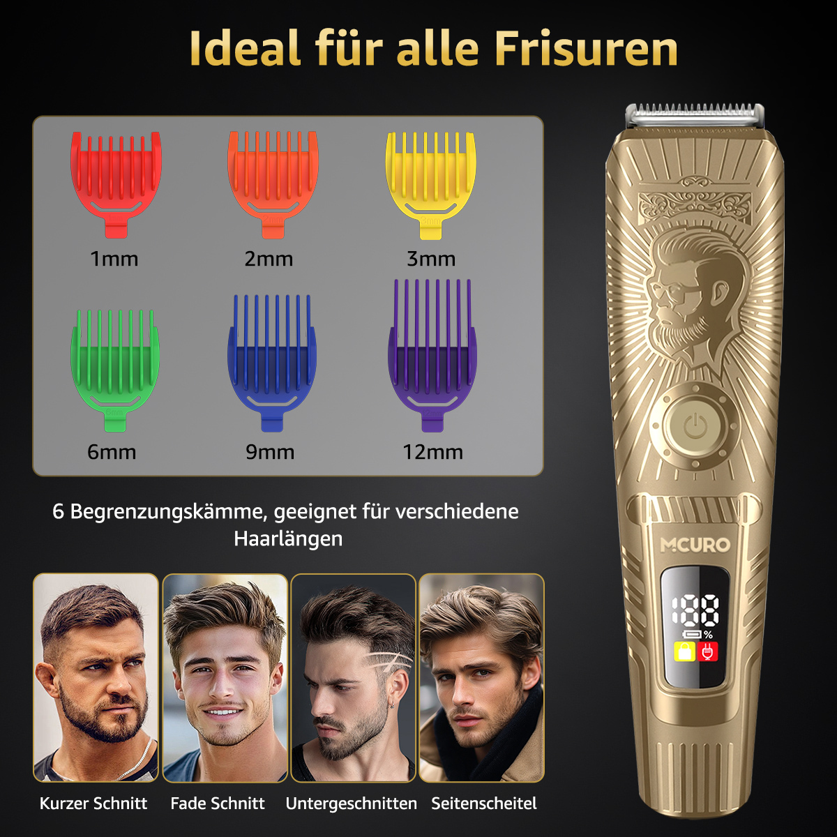 Das Bild zeigt einen goldenen Haarschneider mit Aufsätzen für verschiedene Haarlängen. Herrenhaarschnitte werden unten angezeigt.