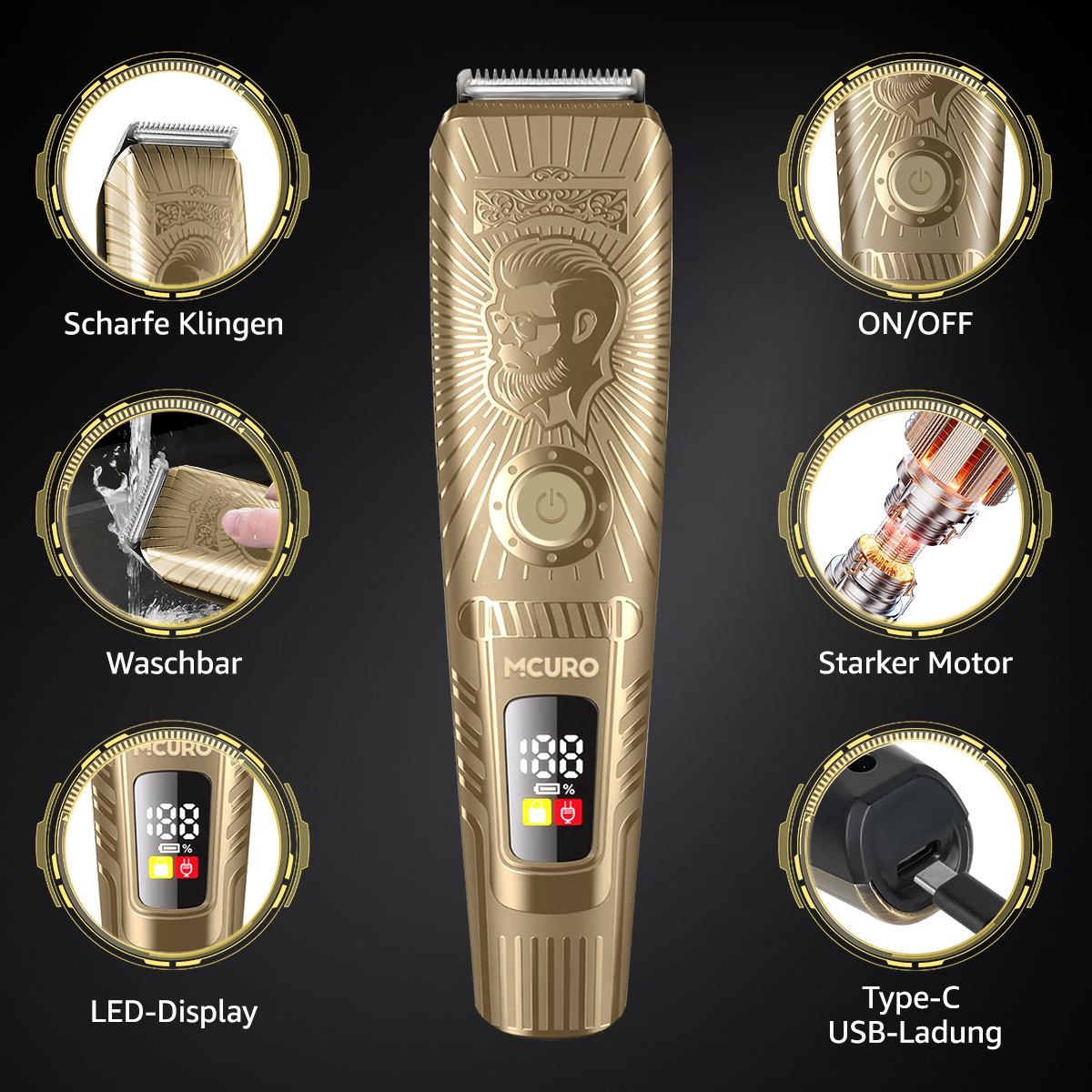 Goldener Haarschneider mit Details. Merkmale: scharfe Klingen, Ein/Aus, waschbar, starker Motor, LED-Anzeige und USB-C-Aufladung.