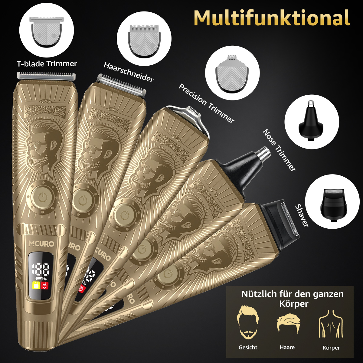 Goldfarbenes Pflege-Set mit mehreren Aufsätzen und digitaler Anzeige. Enthält Trimmer und Rasierköpfe für Gesicht, Haare und Körper.
