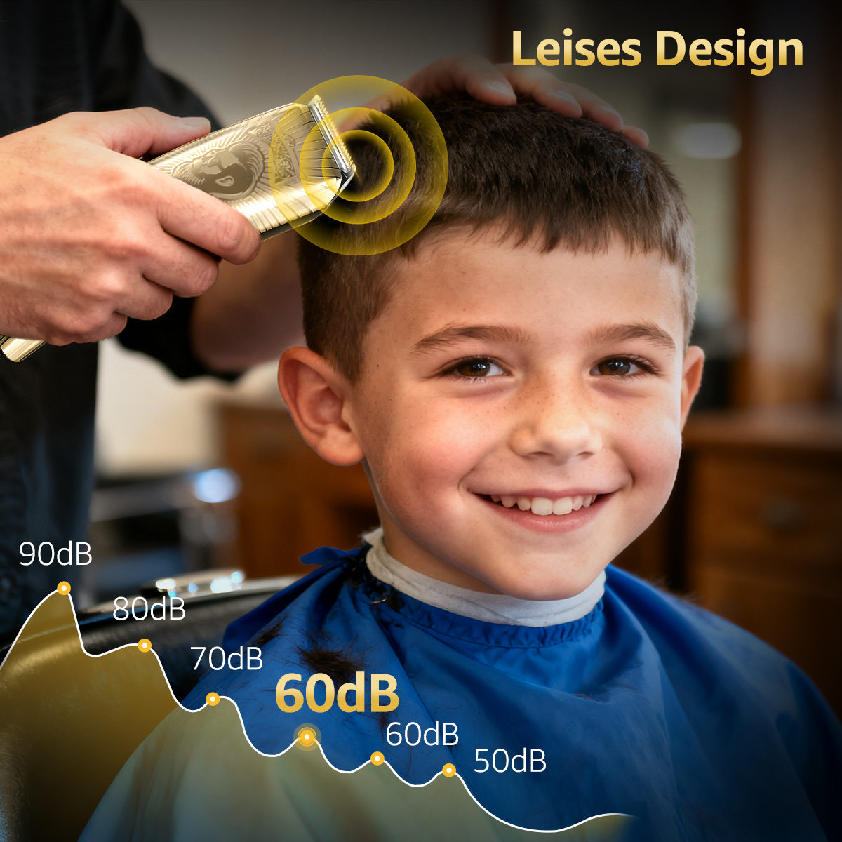 Ein Friseur benutzt einen goldenen Clipper an einem lächelnden Jungen. Eine Geräuschpegelgrafik zeigt 60 dB. Text: 'Leises Design'.