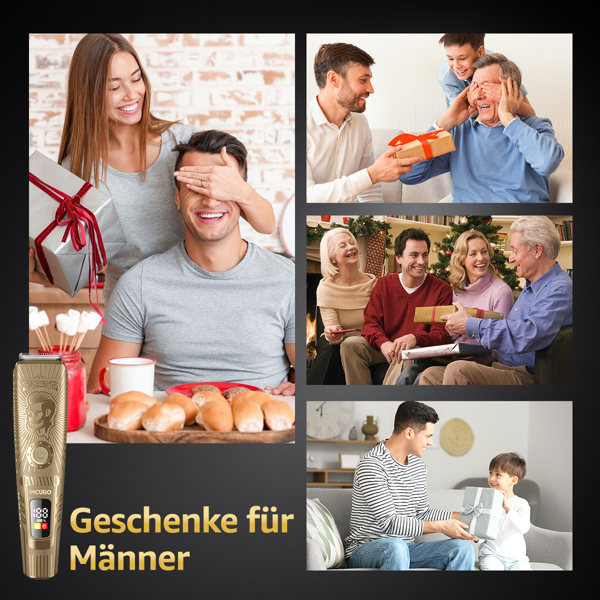 Mehrere Bilder zeigen Schenkungen. Eine Frau bedeckt die Augen eines Mannes, andere schenken. Goldener Trimmer in der Ecke.