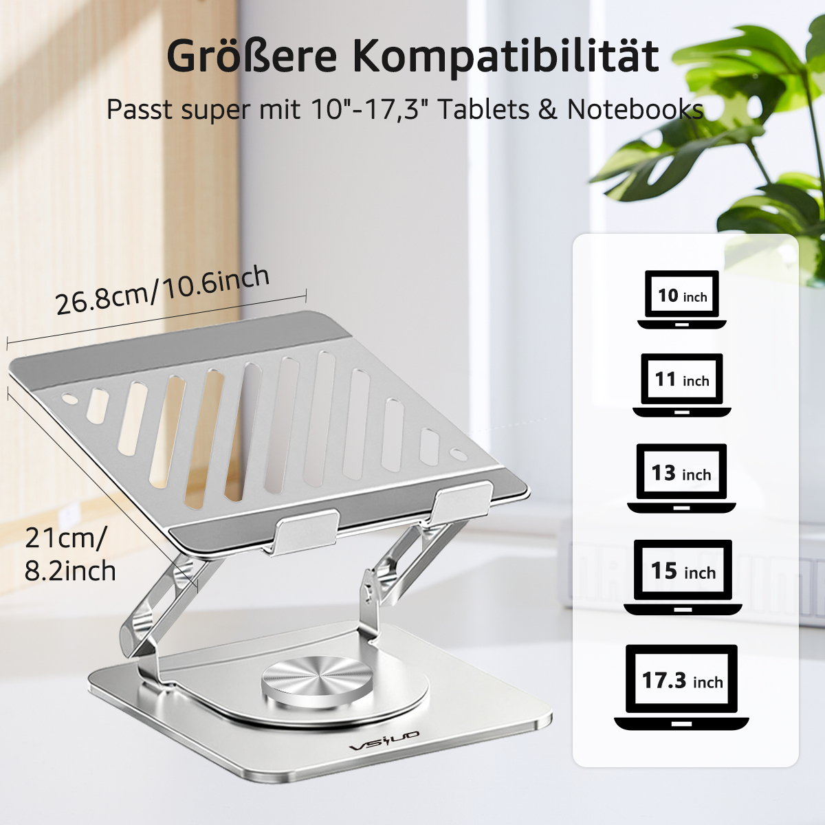 Ein silberner Laptop-Ständer mit Abmessungen und Grafiken zur Größenkompatibilität. Text: 'Größere Kompatibilität' und Laptop-Größen.