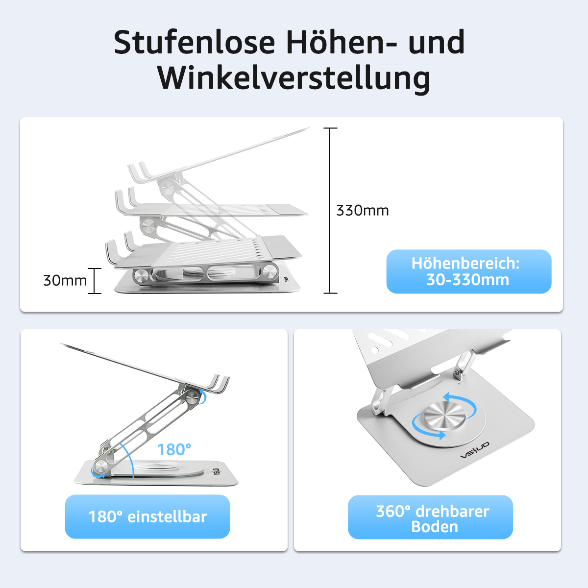 Silberner Laptop-Ständer mit einstellbarer Höhe und Winkel. Merkmale: 360-Grad-Drehfuß und 180-Grad-Einstellung.