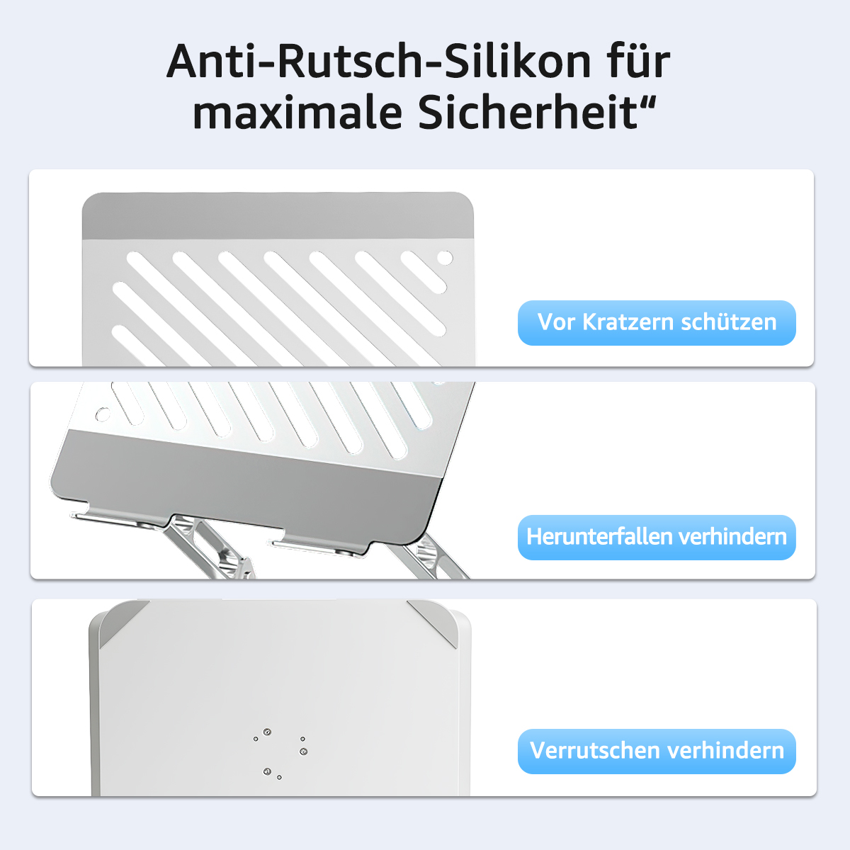 Das Bild zeigt Geräteteile mit Text: Vor Kratzern schützen, Herunterfallen verhindern, Verrutschen verhindern. Deutsch Text ist ebenfalls vorhanden.