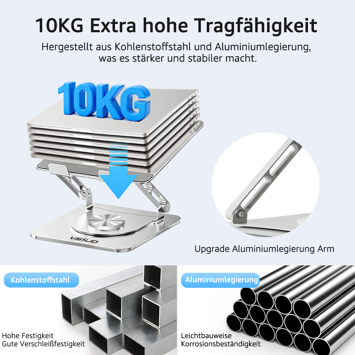 Ein silberner Laptopständer mit 10KG-Text, Pfeilen und Metalldiagrammen. Er besteht aus Kohlenstoffstahl und Aluminiumlegierung.
