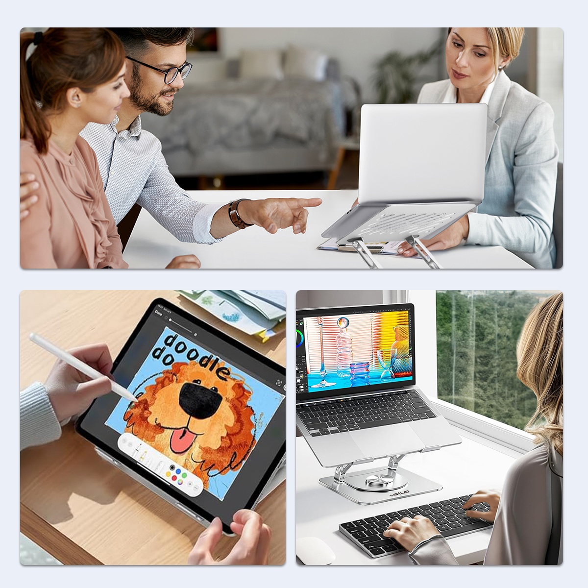 Das Bild zeigt drei Szenen: Personen, die mit Laptops und Tablets arbeiten, Ständer verwenden und zeichnen. Enthält einen Löwen.