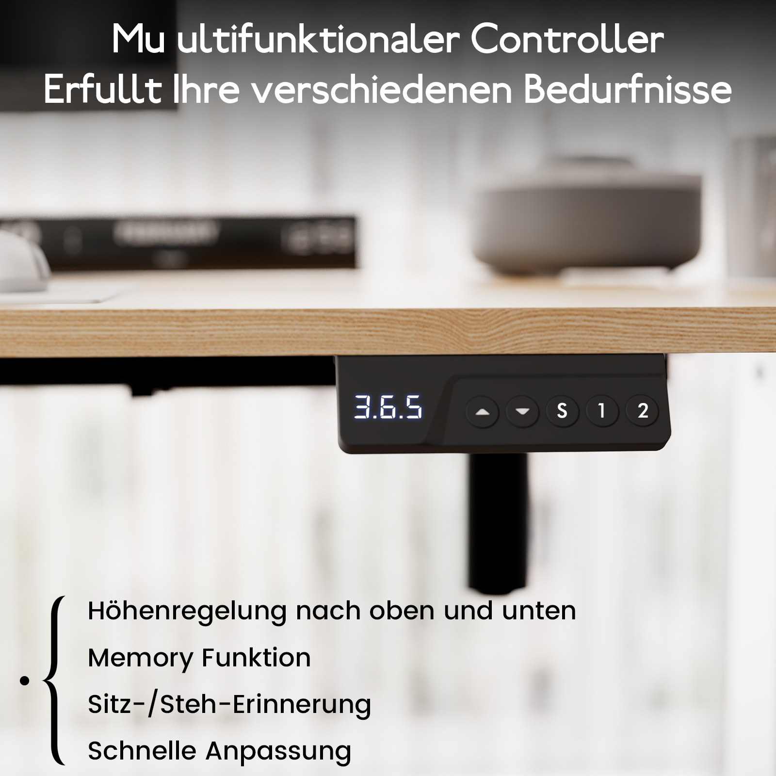 Ein Schreibtisch-Controller mit Anzeige 3.6.5. Er hat Tasten und Funktionen für Höhenverstellung, Speicher und Erinnerungen.