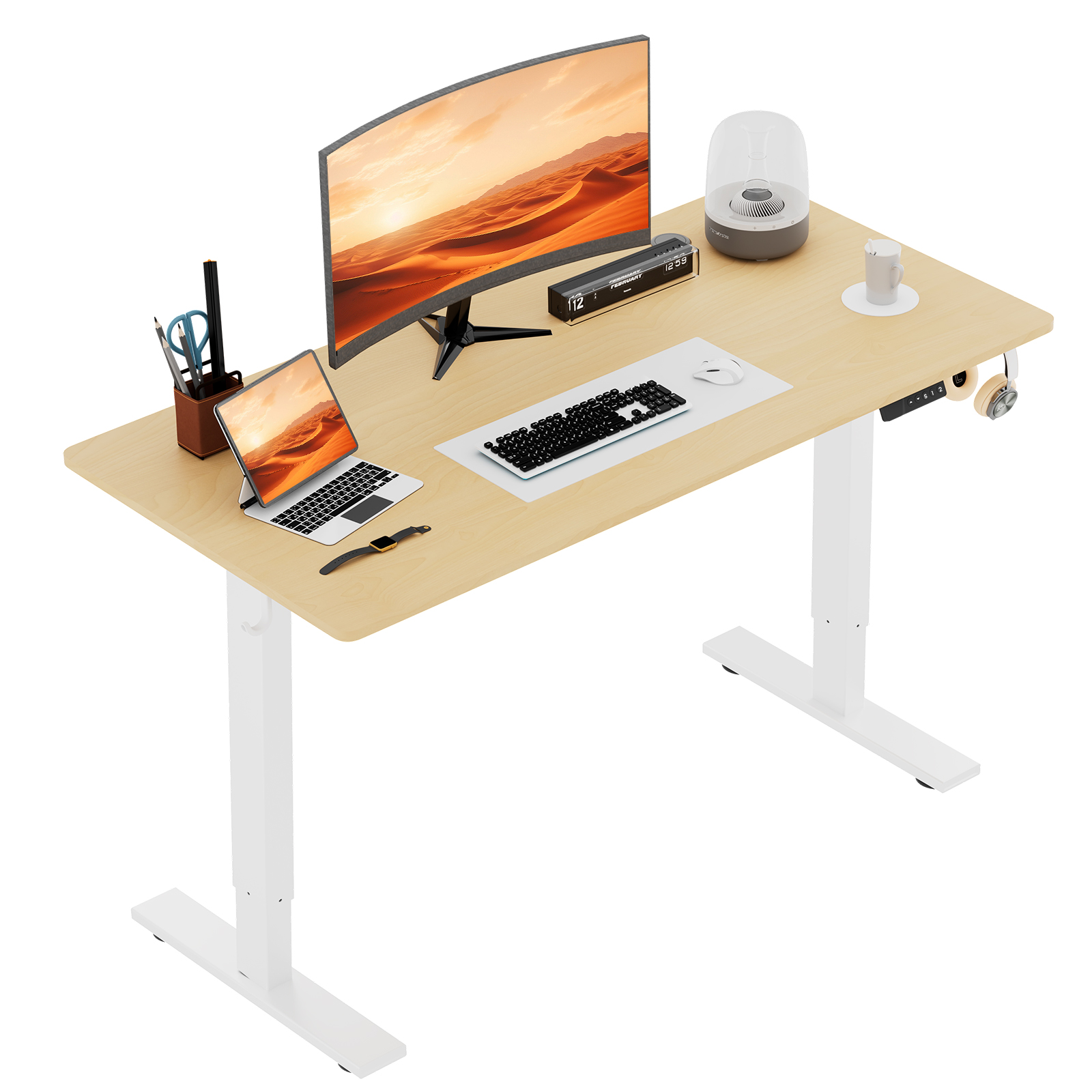 Ein Schreibtisch mit gebogenem Monitor, Tastatur, Laptop und anderem Bürozubehör. Der Schreibtisch ist helles Holz mit weißen Beinen.