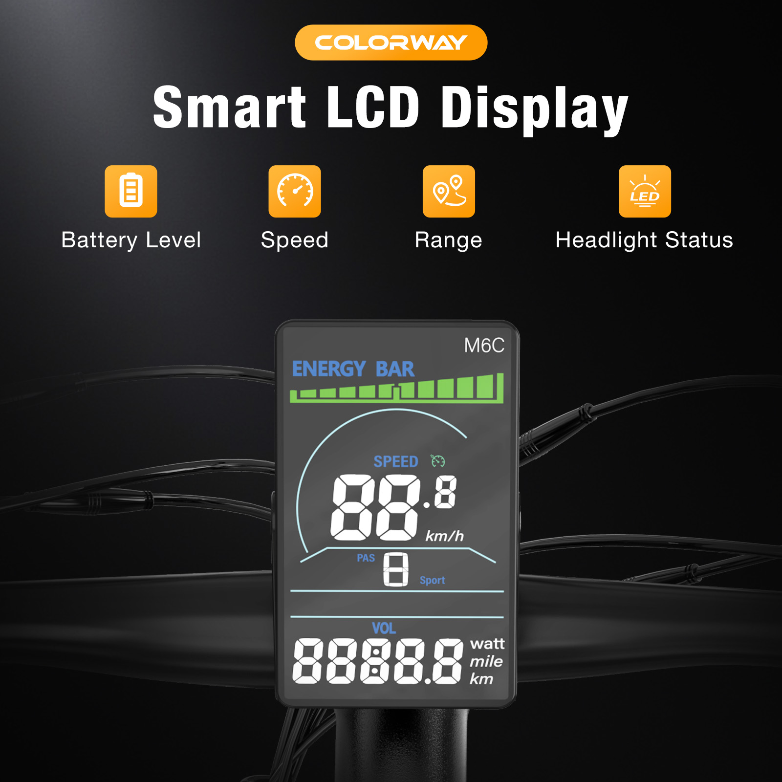 Pantalla LCD inteligente que muestra velocidad, nivel de batería, autonomía y estado de los faros. La velocidad es 88,8 km/h.