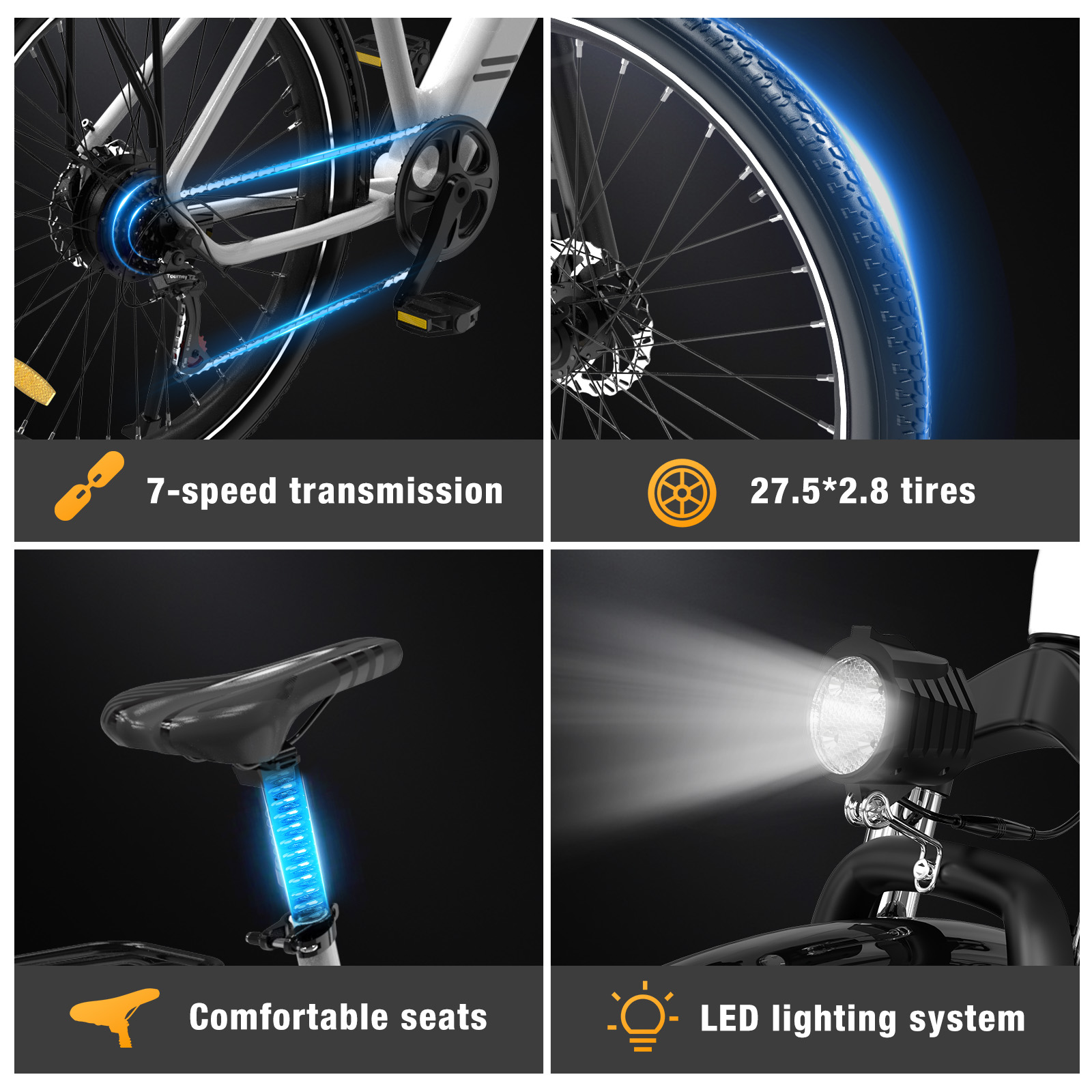 Componentes de bicicleta: transmisión de 7 velocidades, neumáticos 27.5*2.8, asientos cómodos e iluminación LED, resaltados.
