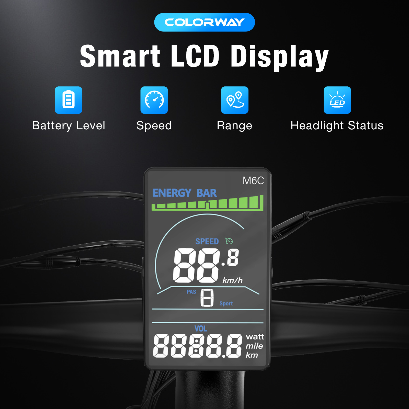 Pantalla LCD inteligente que muestra el nivel de batería, la velocidad, la autonomía y el estado de los faros. Muestra la velocidad: 88,8 km/h.
