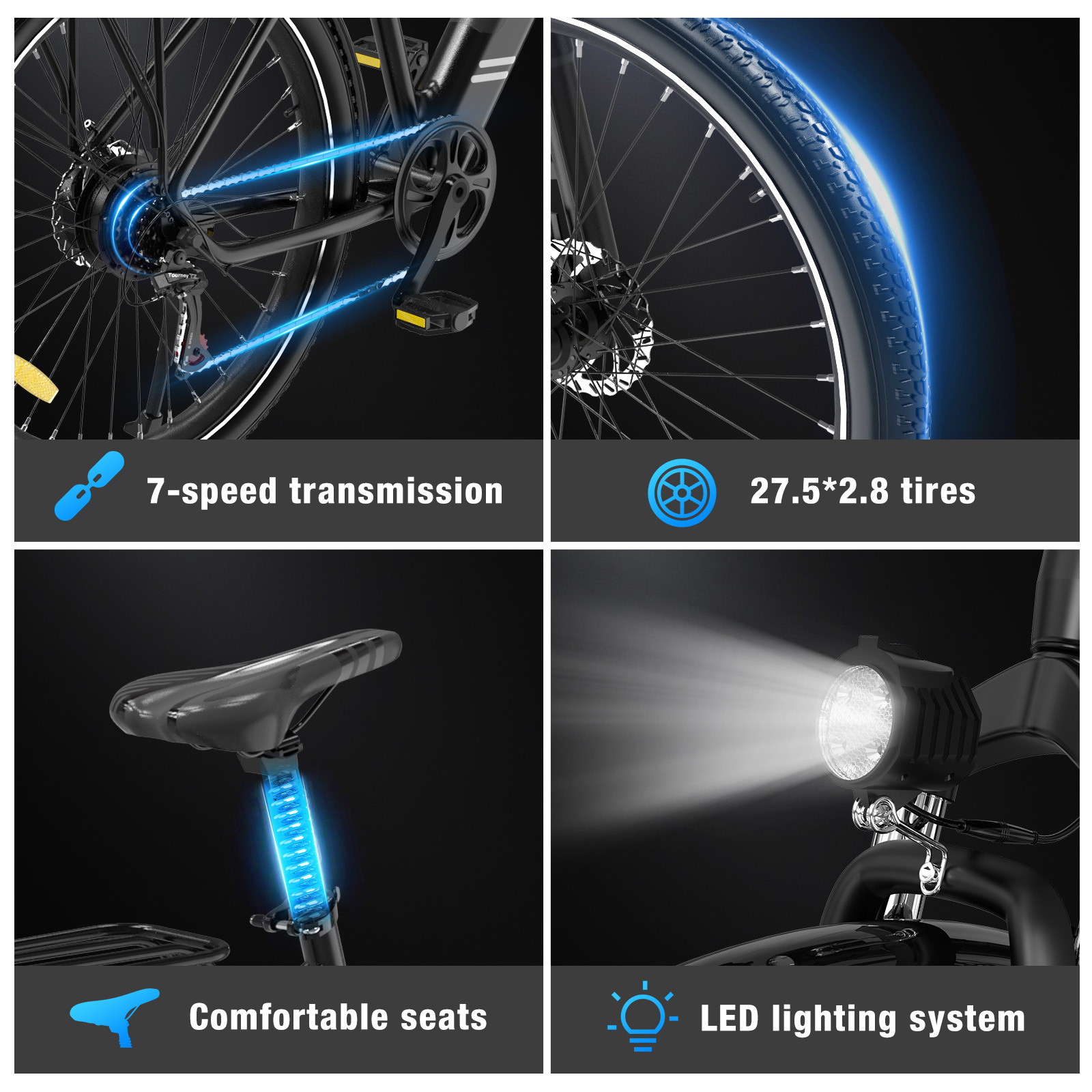 La imagen muestra partes de la bicicleta: transmisión de 7 velocidades, neumáticos 27.5*2.8, asientos cómodos e iluminación LED. Todo en negro.