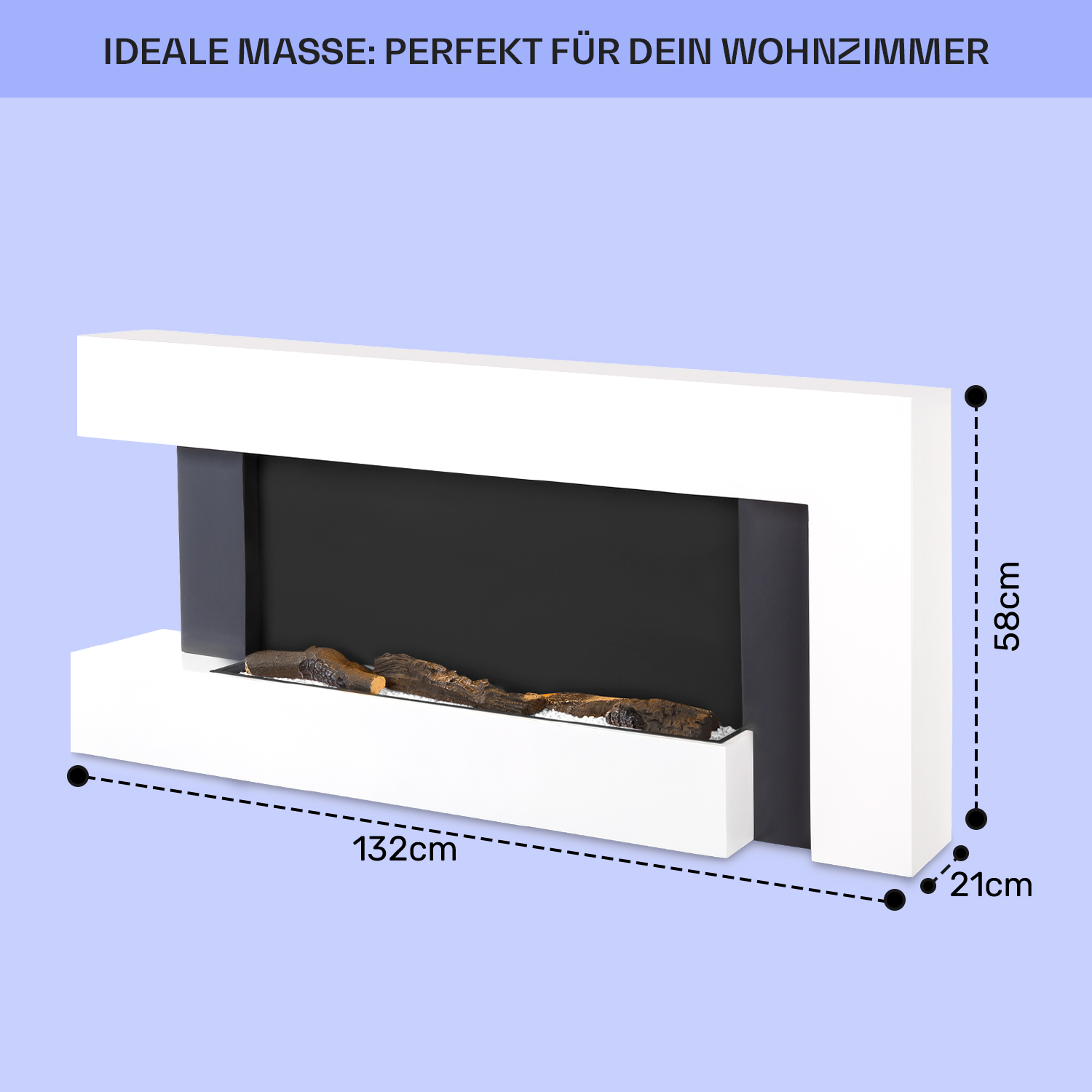 Una chimenea blanca con interior negro y troncos de madera, medidas: 132cm x 58cm x 21cm, sobre un fondo azul claro.