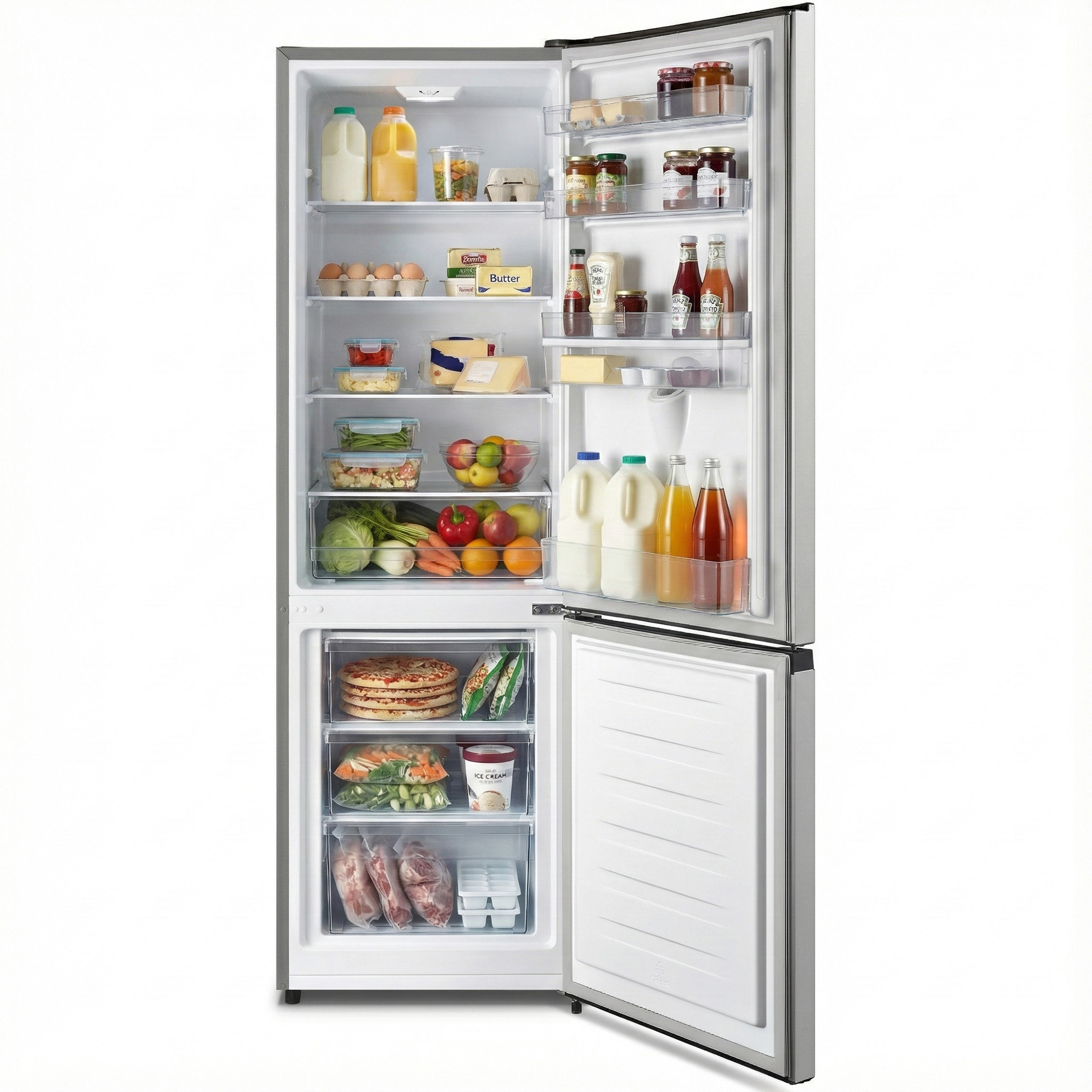 Ein Kühlschrank mit offenen Türen, gefüllt mit Lebensmitteln. Obst, Gemüse, Milchprodukte und Tiefkühlkost sind sichtbar.