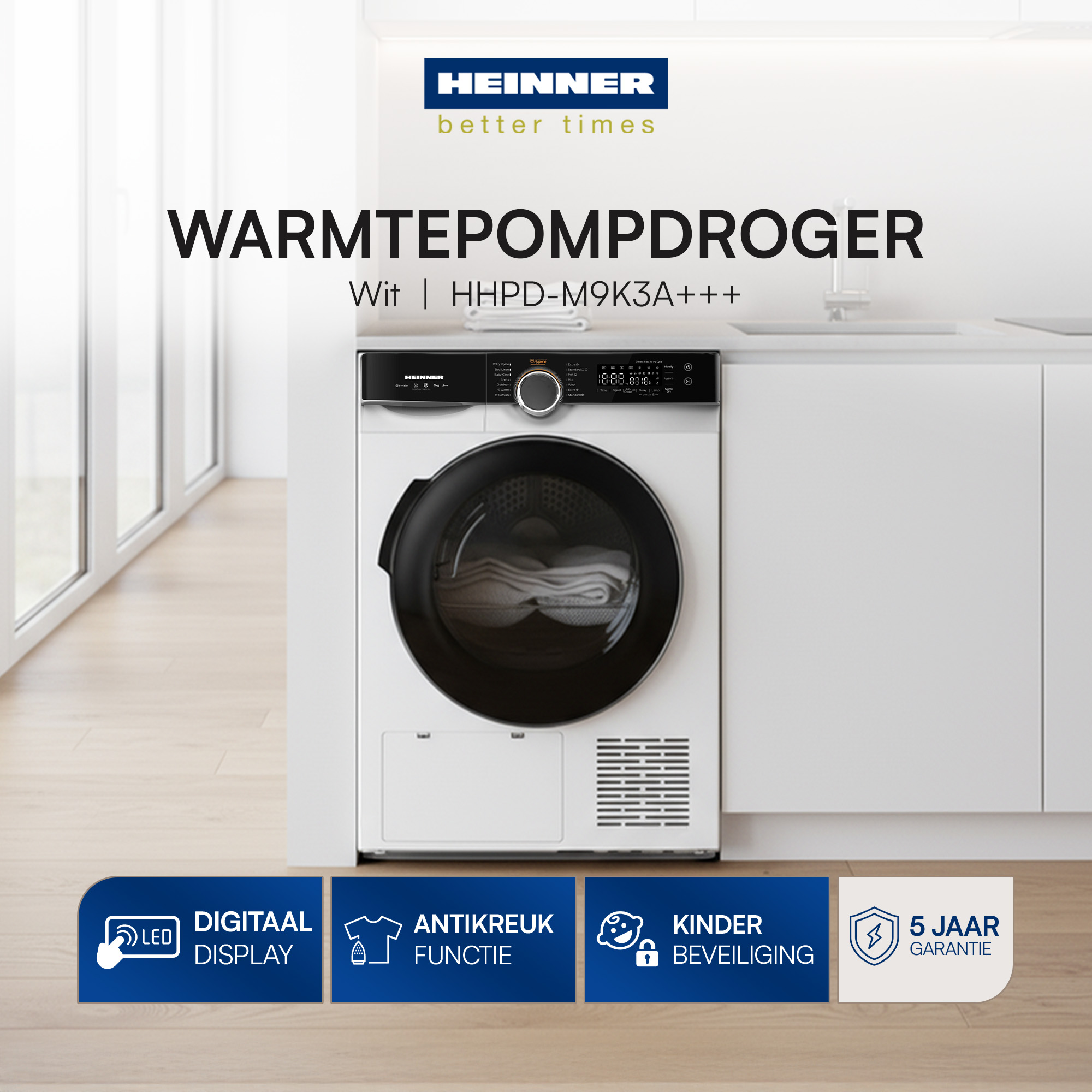 Ein weißer Heinner Wärmepumpentrockner. Zu den Merkmalen gehören Digitalanzeige, Knitterfrei, Kindersicherung und 5 Jahre Garantie.