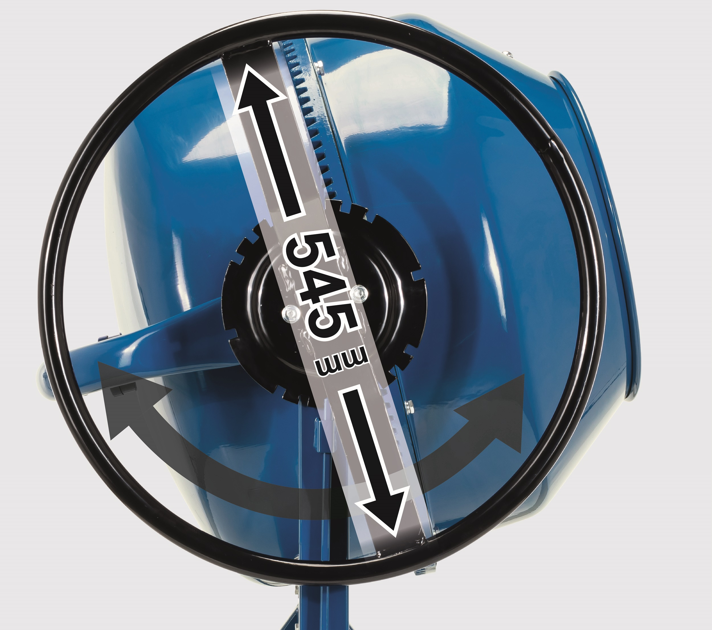 Una betoniera blu con ruota nera e un indicatore di 545 mm su sfondo bianco.