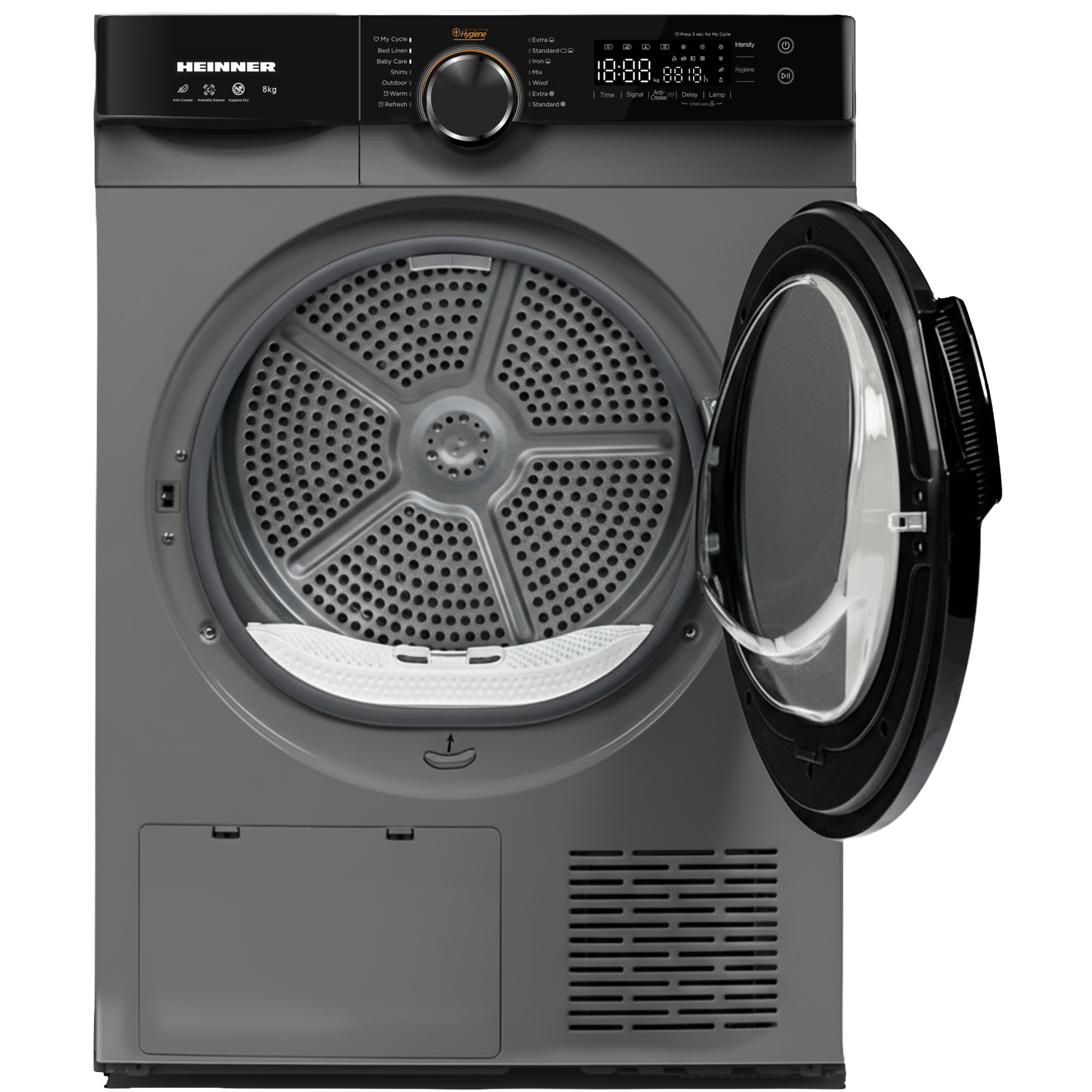 A gray Heinner dryer with the door open, showing the drum. Control panel on top, digital display, and various settings.