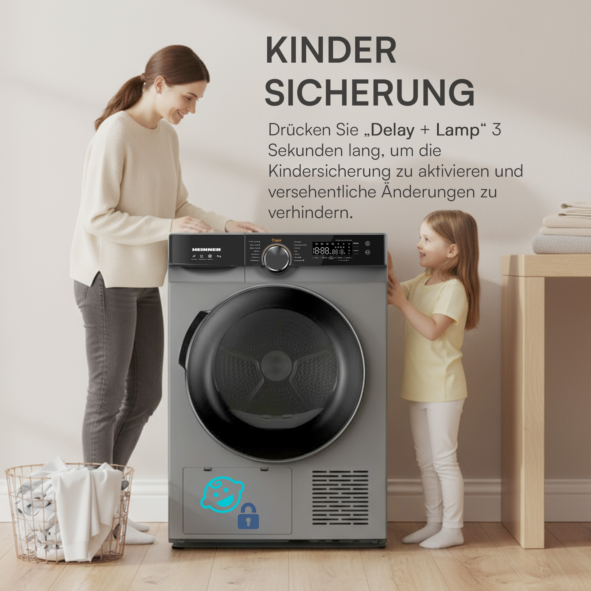 Eine Frau und ein Mädchen stehen in der Nähe eines Trockners. Text sagt 'Kindersicherung'. Der Trockner zeigt ein Schloss-Symbol.