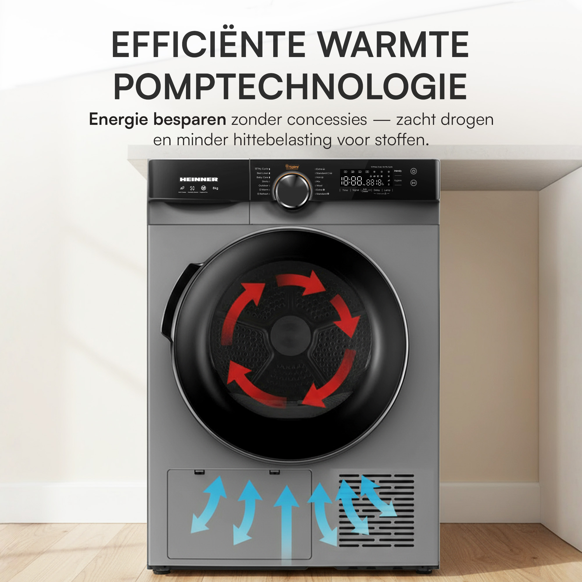 A gray dryer with a black door. Red arrows show the drying cycle. Text above says efficient heat pump technology.