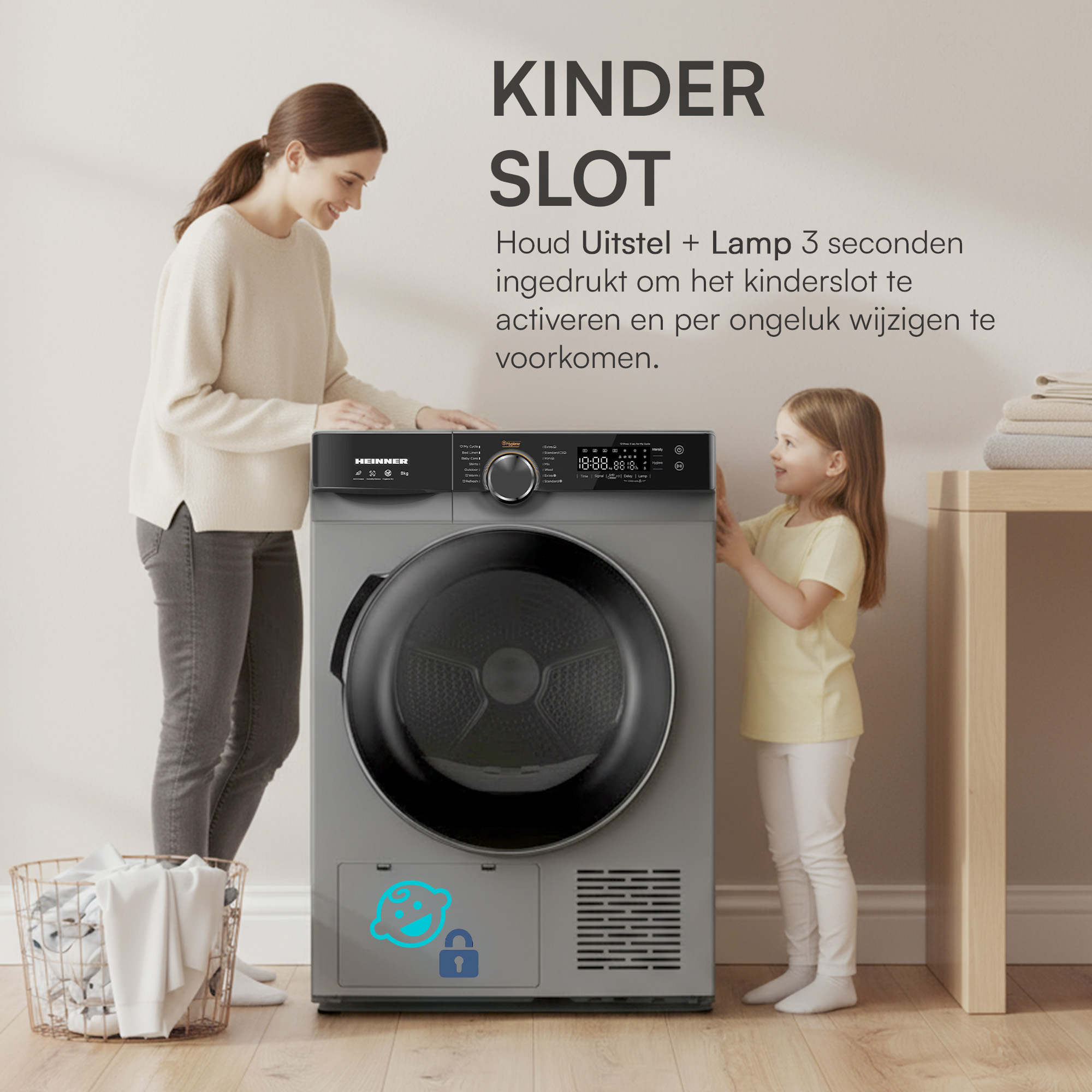 A woman and a girl stand near a gray dryer. The text says 'Kinder Slot'.