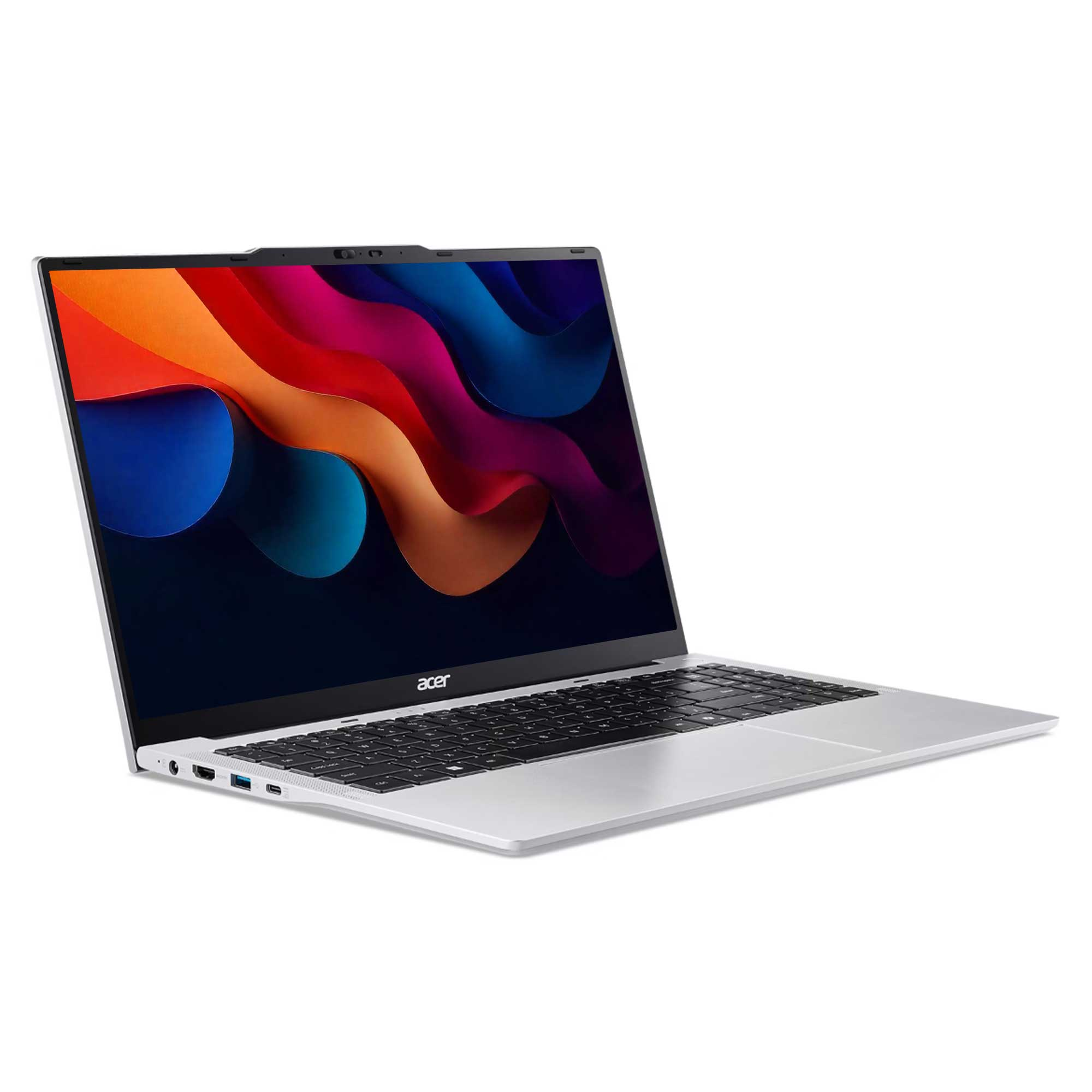 Gümüş renkli bir Acer dizüstü bilgisayar açık. Ekran, beyaz bir arka plan üzerinde renkli soyut bir görüntü gösteriyor.