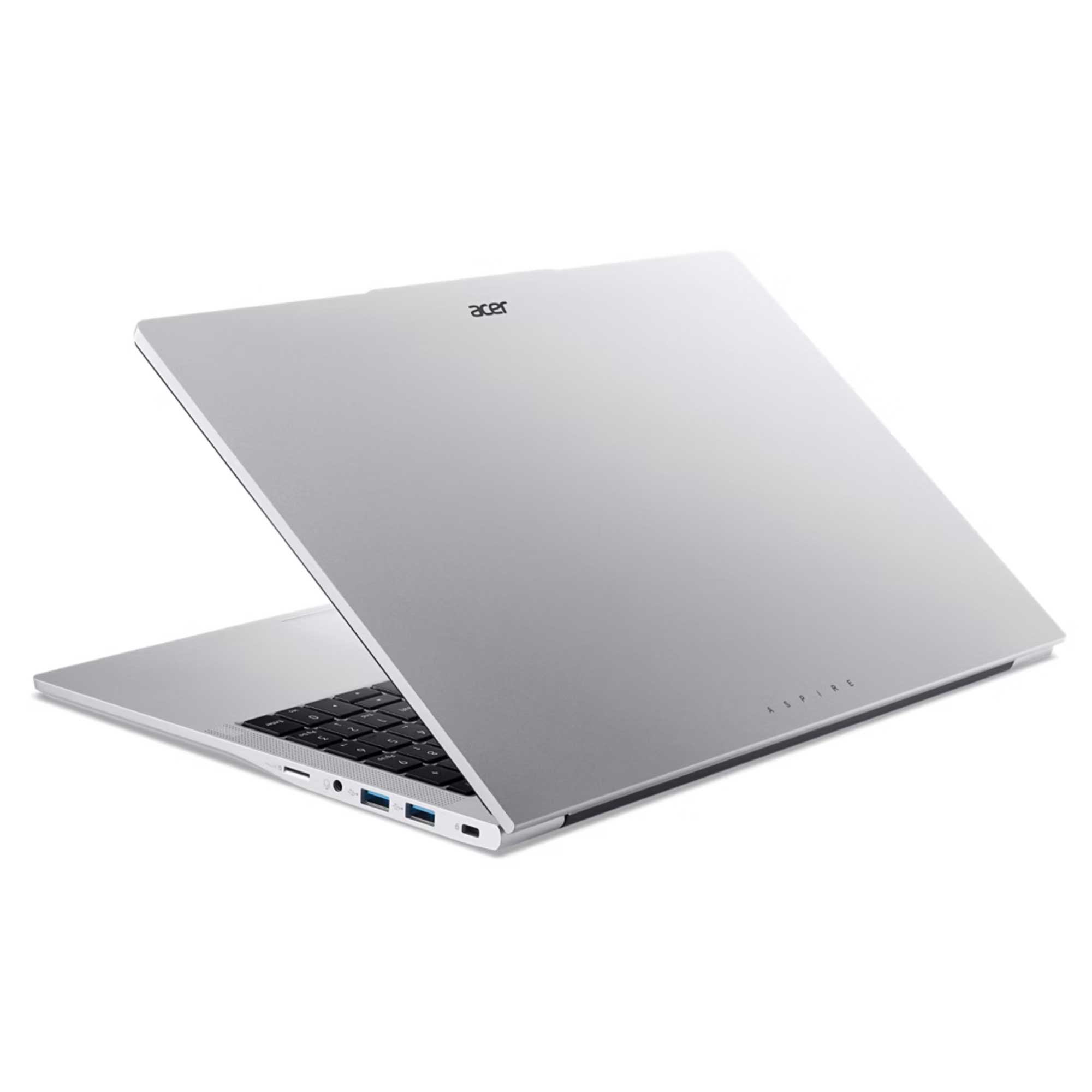 Siyah klavyeli gümüş dizüstü bilgisayar, beyaz yüzeyde açık. Acer logosu görünür, tabanda 'Aspire'.