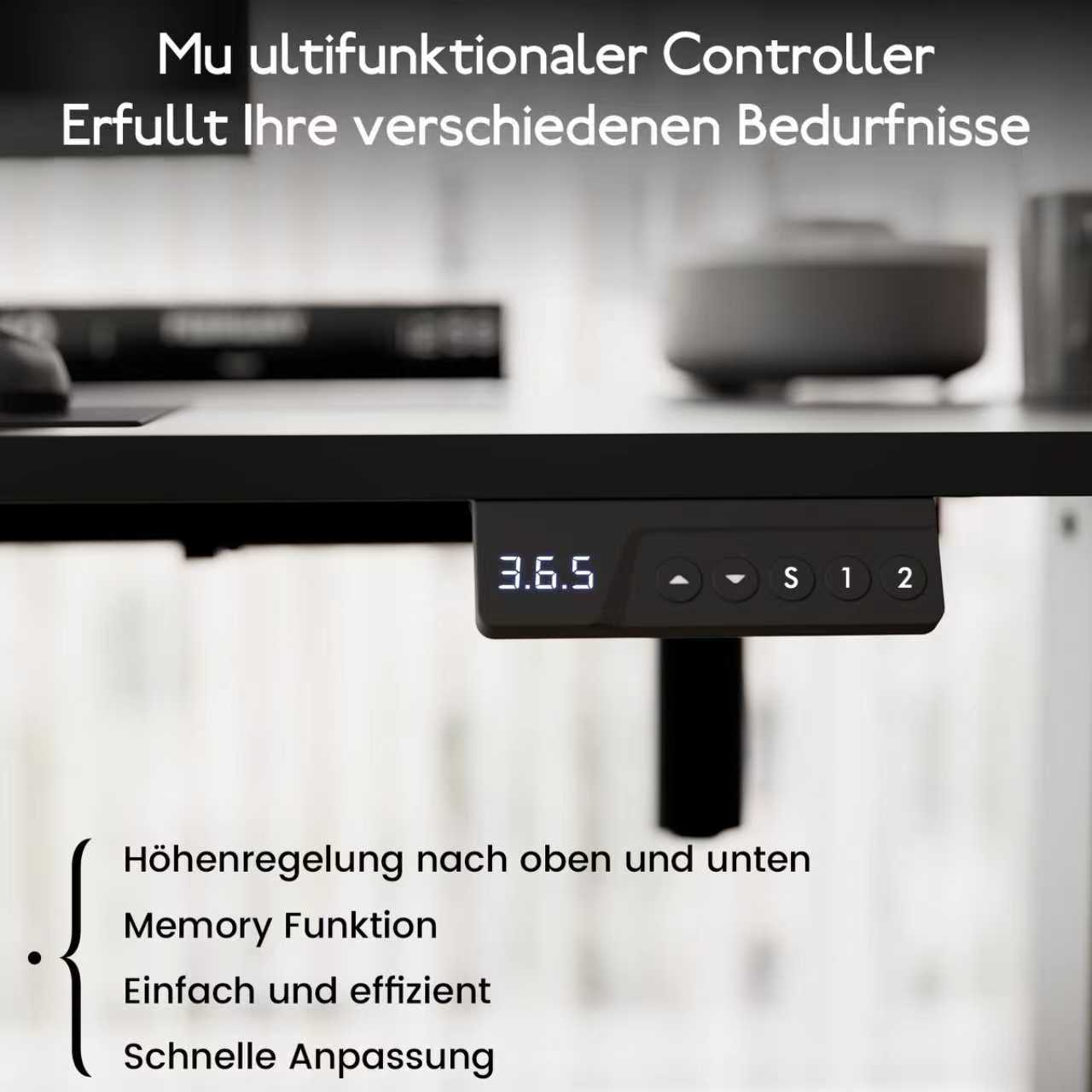 Nahaufnahme eines Schreibtisch-Bedienfelds mit Digitalanzeige und Tasten. Text oben: 'Multifunktions-Controller'. Darunter sind Funktionen.