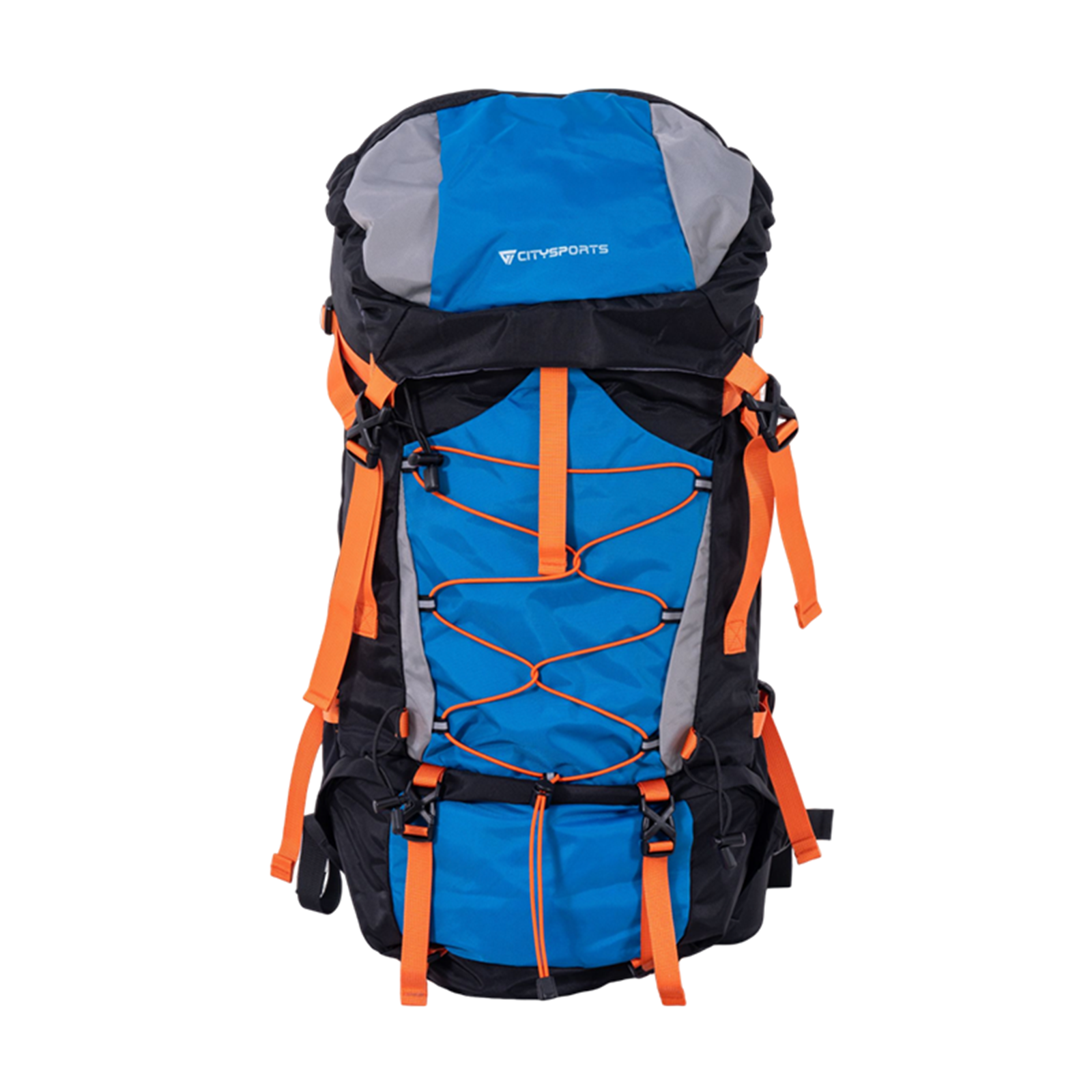 Niebieski, czarny i pomarańczowy plecak z logo CITYSPORTS. Posiada paski i zamknięcie na sznurek.