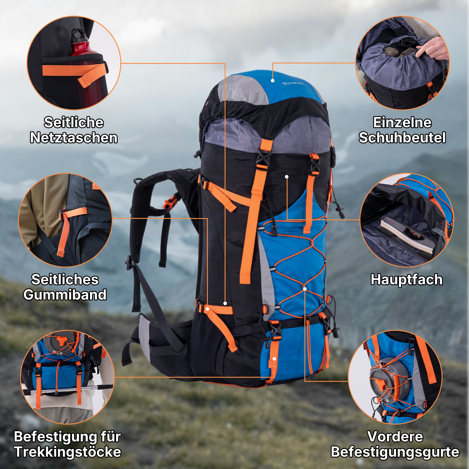 Ein blau-schwarzer und orangefarbener Rucksack mit mehreren Fächern und Gurten. Merkmale sind Seitentaschen, eine Schuhtasche und Trekkingstockhalter.
