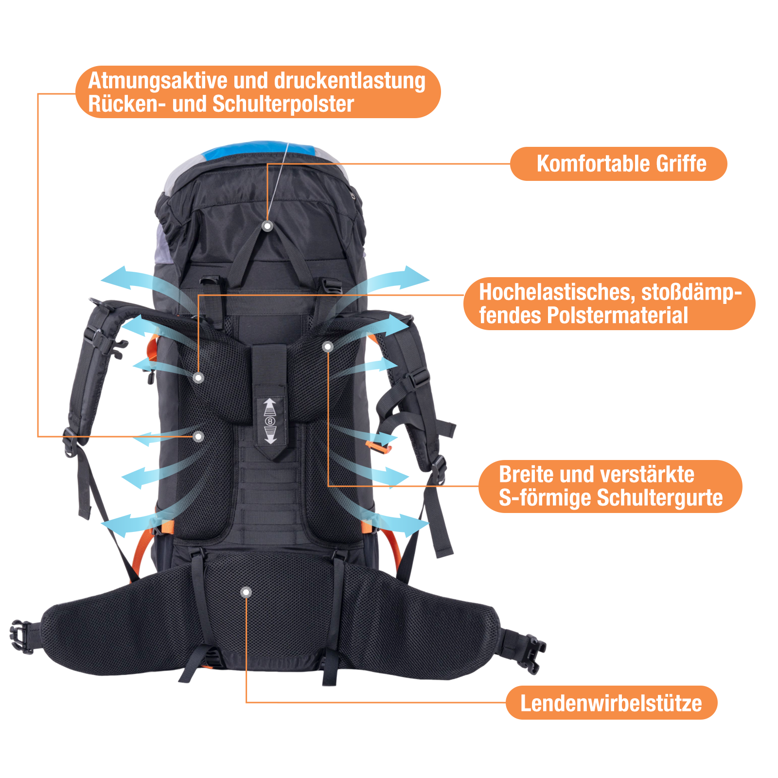 Schwarzer Rucksack mit orangefarbenen Akzenten. Merkmale sind gepolsterte Schultergurte, Rückenstütze und atmungsaktives Material.