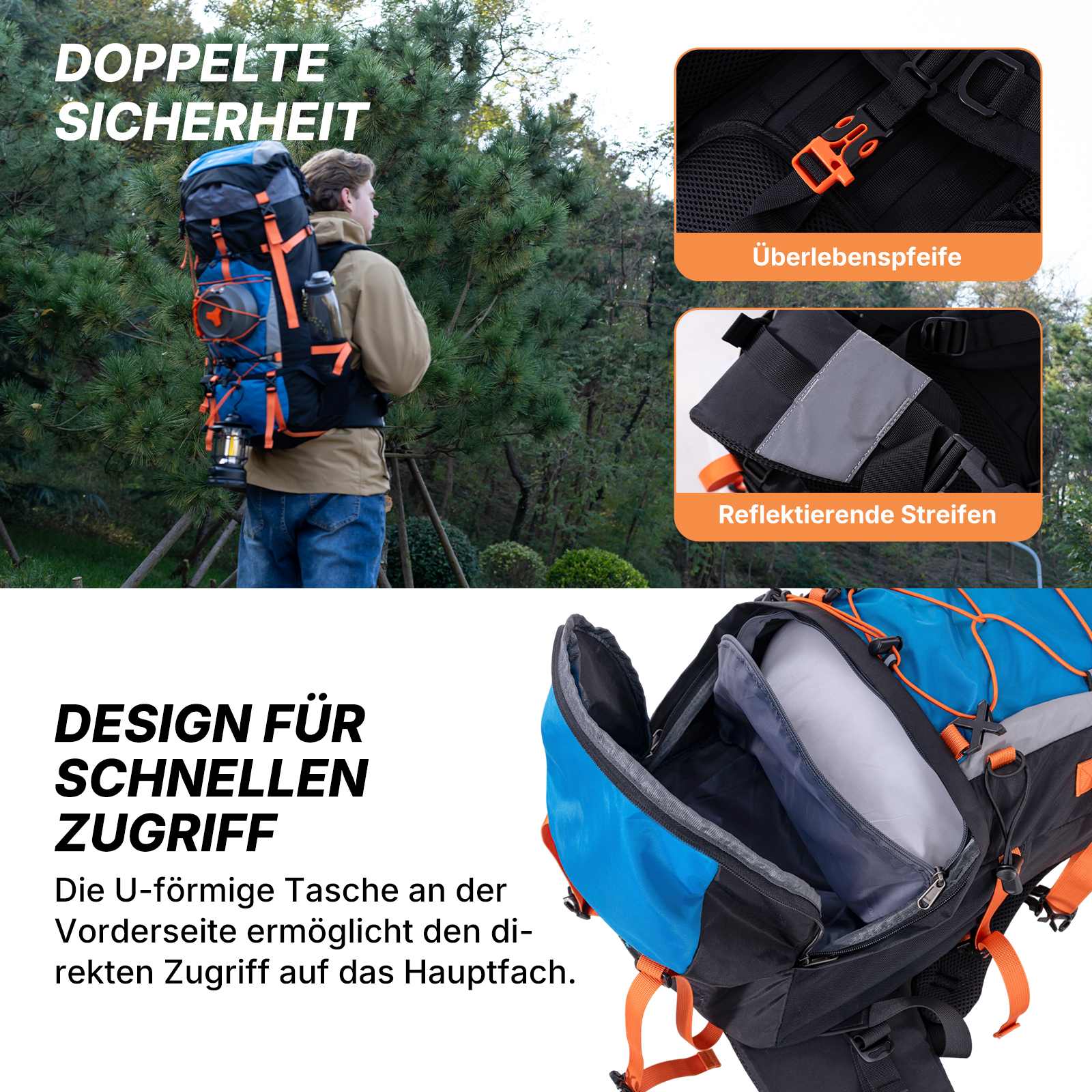 Eine Person mit einem Rucksack. Der Rucksack ist blau, schwarz und orange. Das Bild zeigt auch Details wie reflektierende Streifen und eine Pfeife.