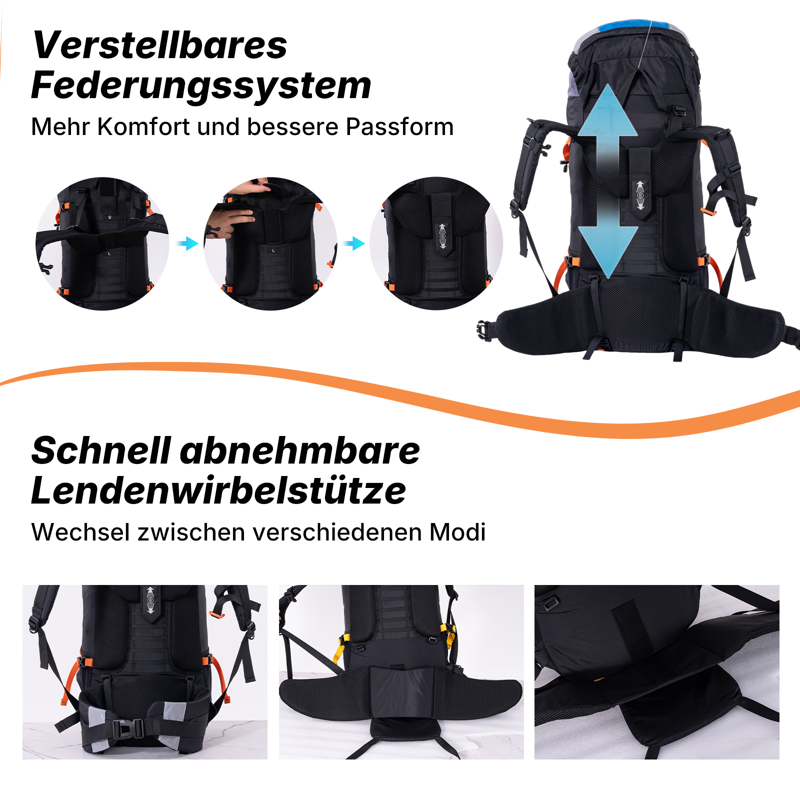 Schwarzer Rucksack mit verstellbarer Rückenstütze. Enthält Bilder, die das Einstellsystem und die Lordosenstütze detailliert darstellen.