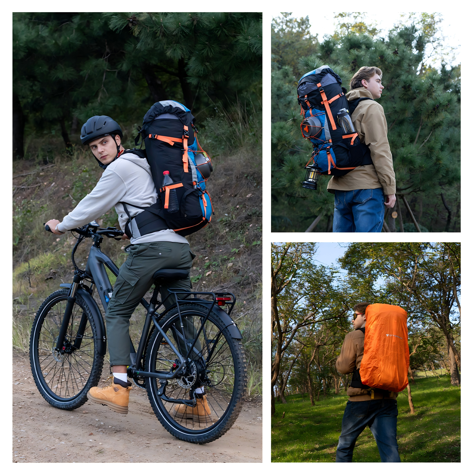 Trzy zdjęcia. Rowerzysta z plecakiem. Mężczyzna z plecakiem w lesie. Mężczyzna z pomarańczowym plecakiem.