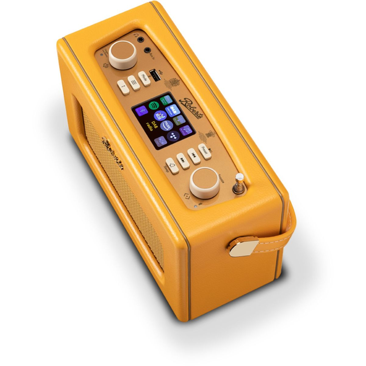 Żółte radio Roberts. Ma ekran i przyciski do radia DAB, muzyki i innych funkcji, uchwyt i głośnik.