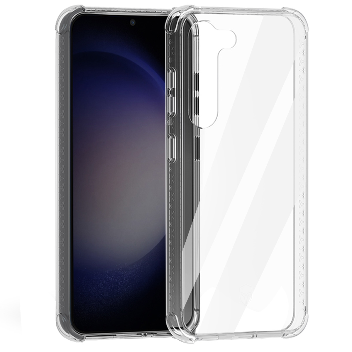 Een smartphone in een transparante telefoonhoes. Het scherm is zwart en paars. De hoes is transparant met een getextureerde rand.