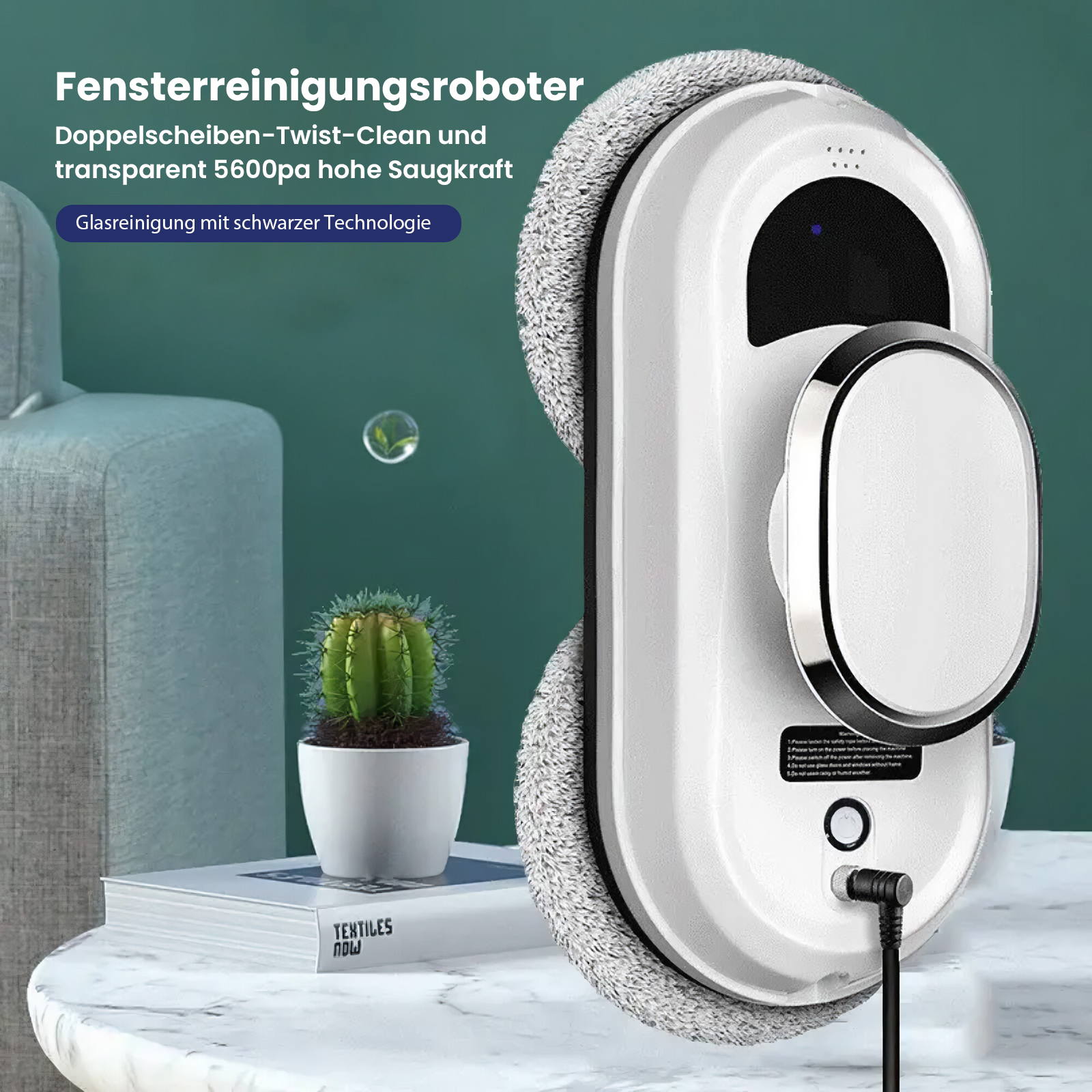 Ein weißer Fensterreinigungsroboter mit grauem Reinigungspad, Kaktus im Topf und Text auf Deutsch.