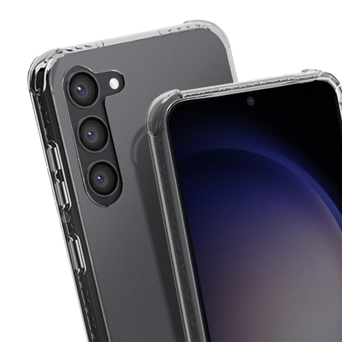 Twee smartphones in transparante beschermhoezen. Eén toont het scherm, de ander de cameralenzen.
