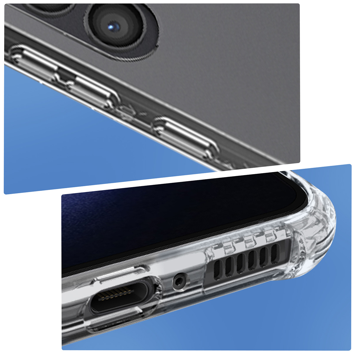 Close-up van een smartphone met een transparante hoes. Zichtbaar zijn de cameralens, knoppen, oplaadpoort, luidspreker en scherm.