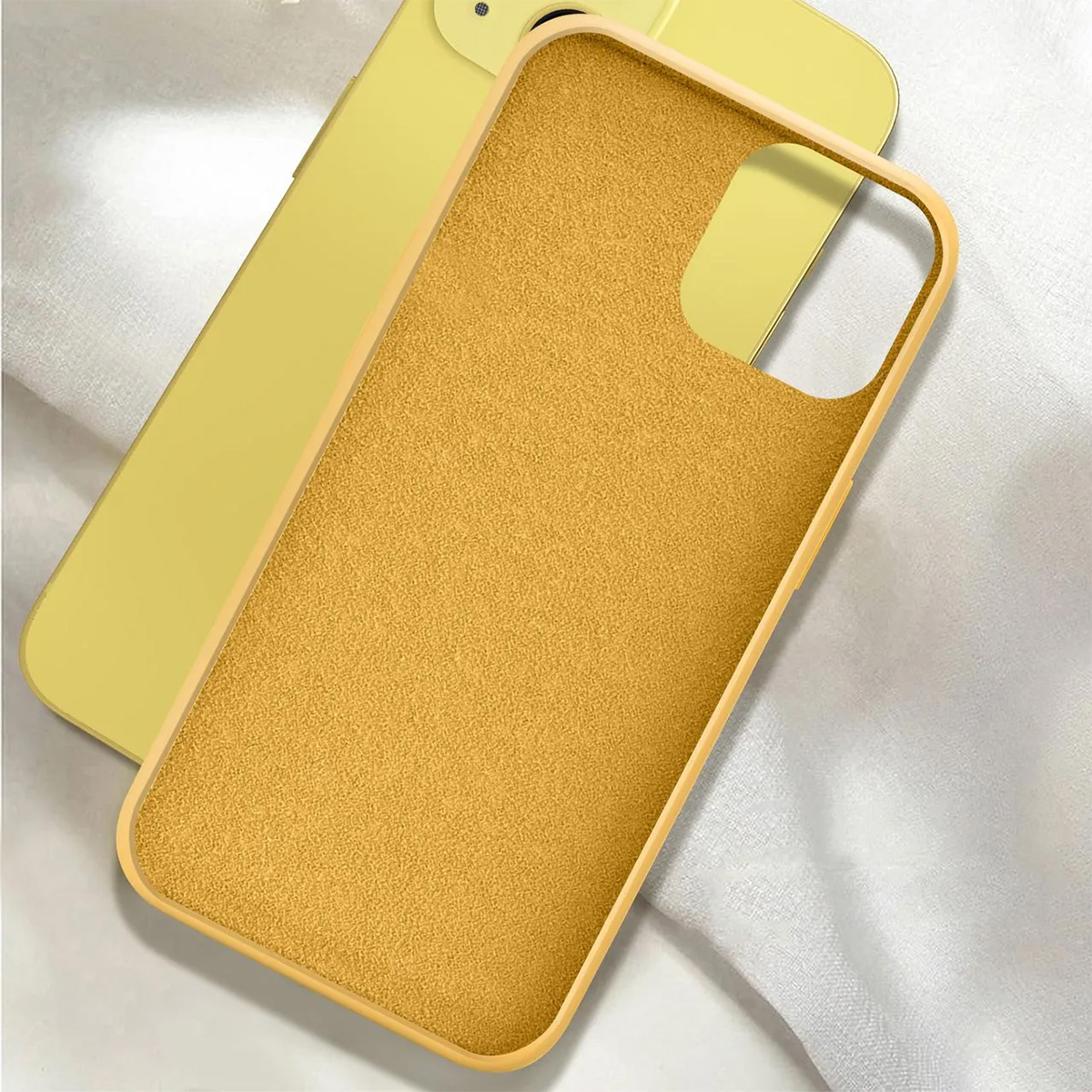 Gele telefoonhoes, binnenkant met textuur en een gele telefoon, op een witte doek.