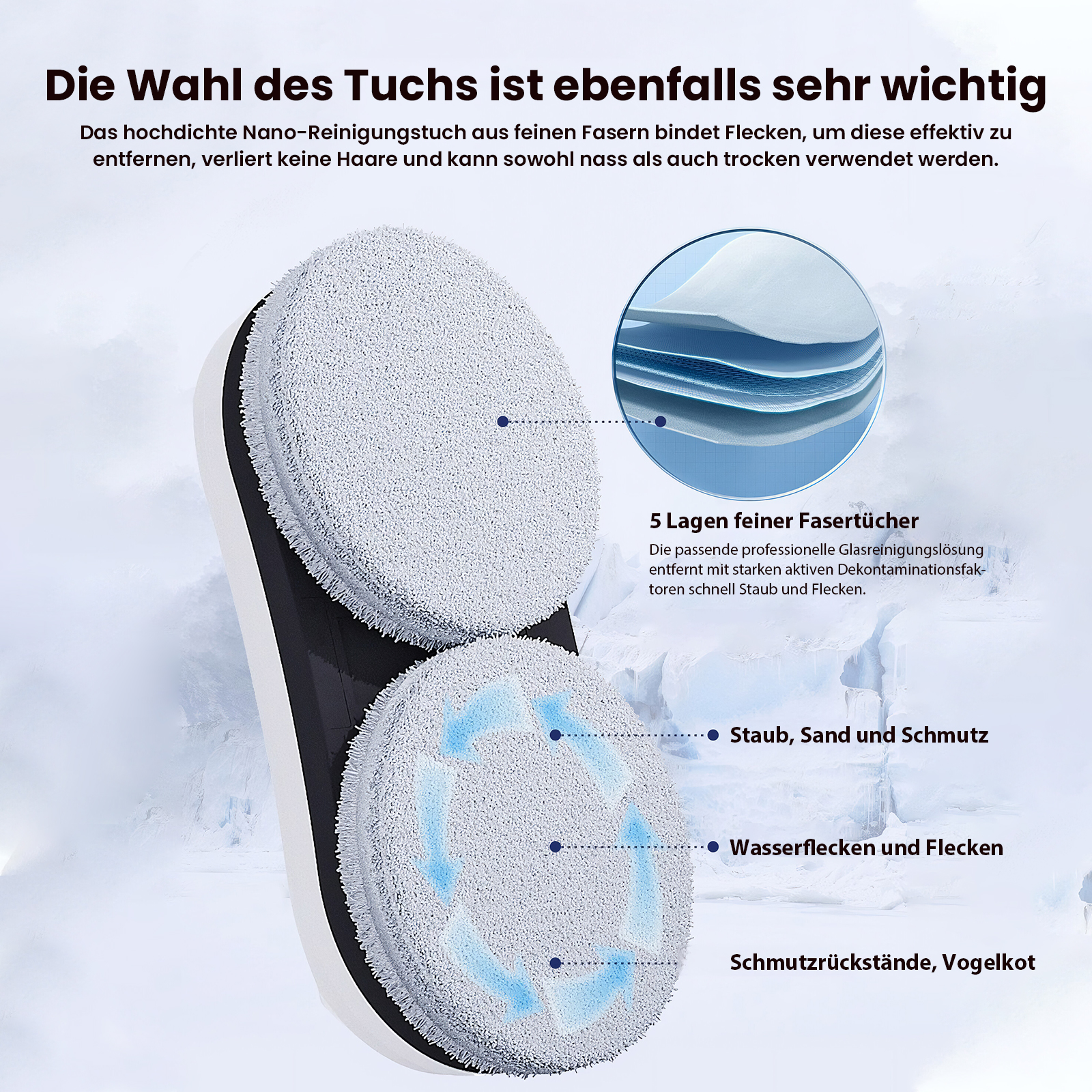 Reinigungsgerät mit zwei kreisförmigen Pads. Es entfernt Staub, Sand, Schmutz, Wasserflecken und Vogelkot.