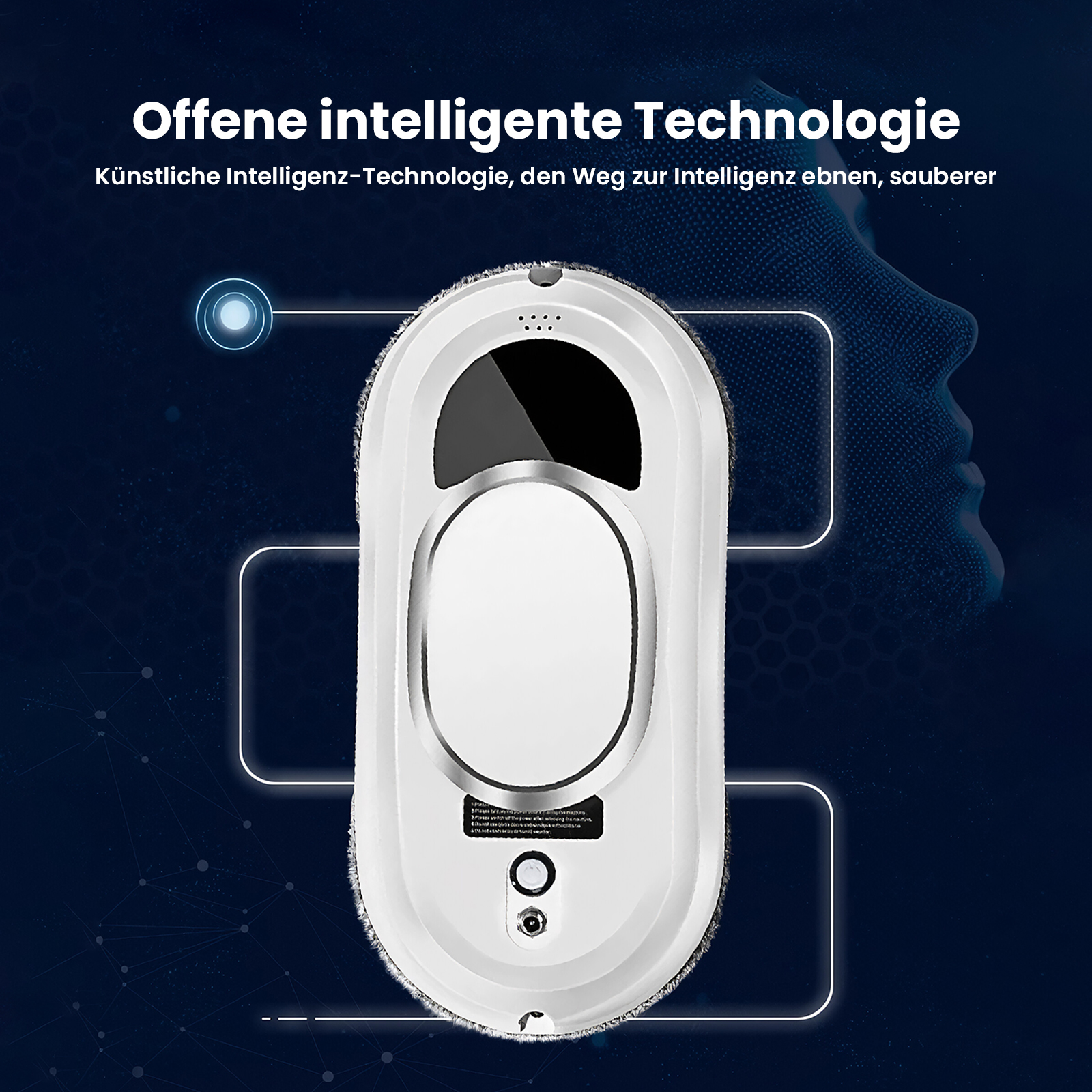 Ein weißer Fensterputzroboter auf dunklem blauem Hintergrund. Text auf Deutsch oben. Ein blaues Gesicht rechts.