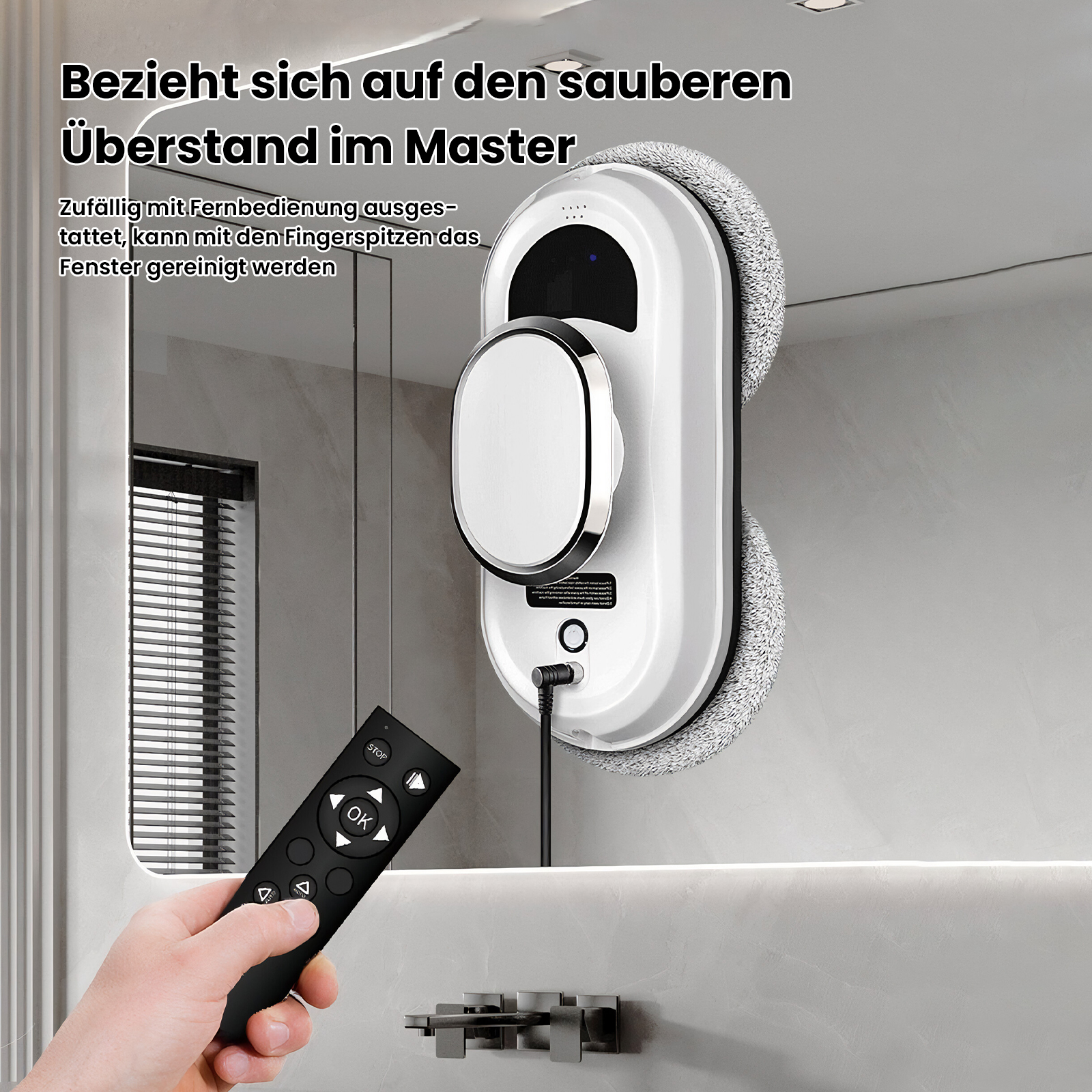 Ein weißer Fensterreiniger mit Fernbedienung. Der Reiniger befindet sich an einem Spiegel. Eine Hand hält die Fernbedienung.