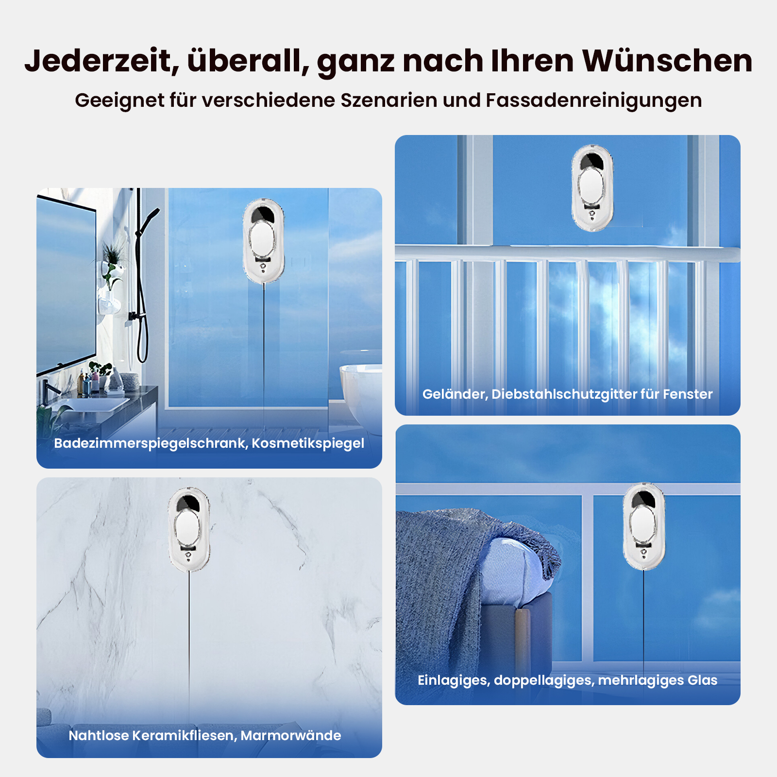 Das Bild zeigt einen Fensterputzer in verschiedenen Szenarien: Badezimmerspiegel, Fenster mit Geländer, Marmorwand und Glas.