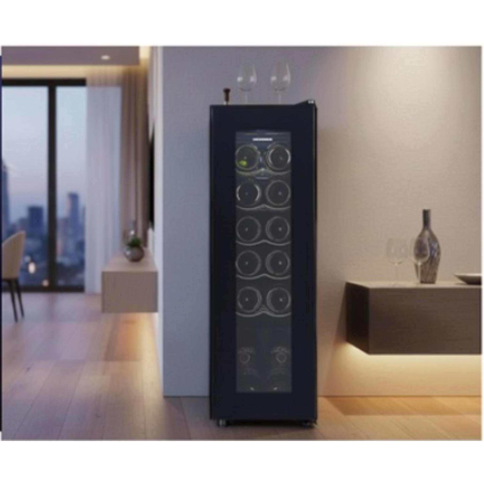 A modern living room with a wine cooler. Glasses and a bottle sit on a shelf. A city view is seen through window.