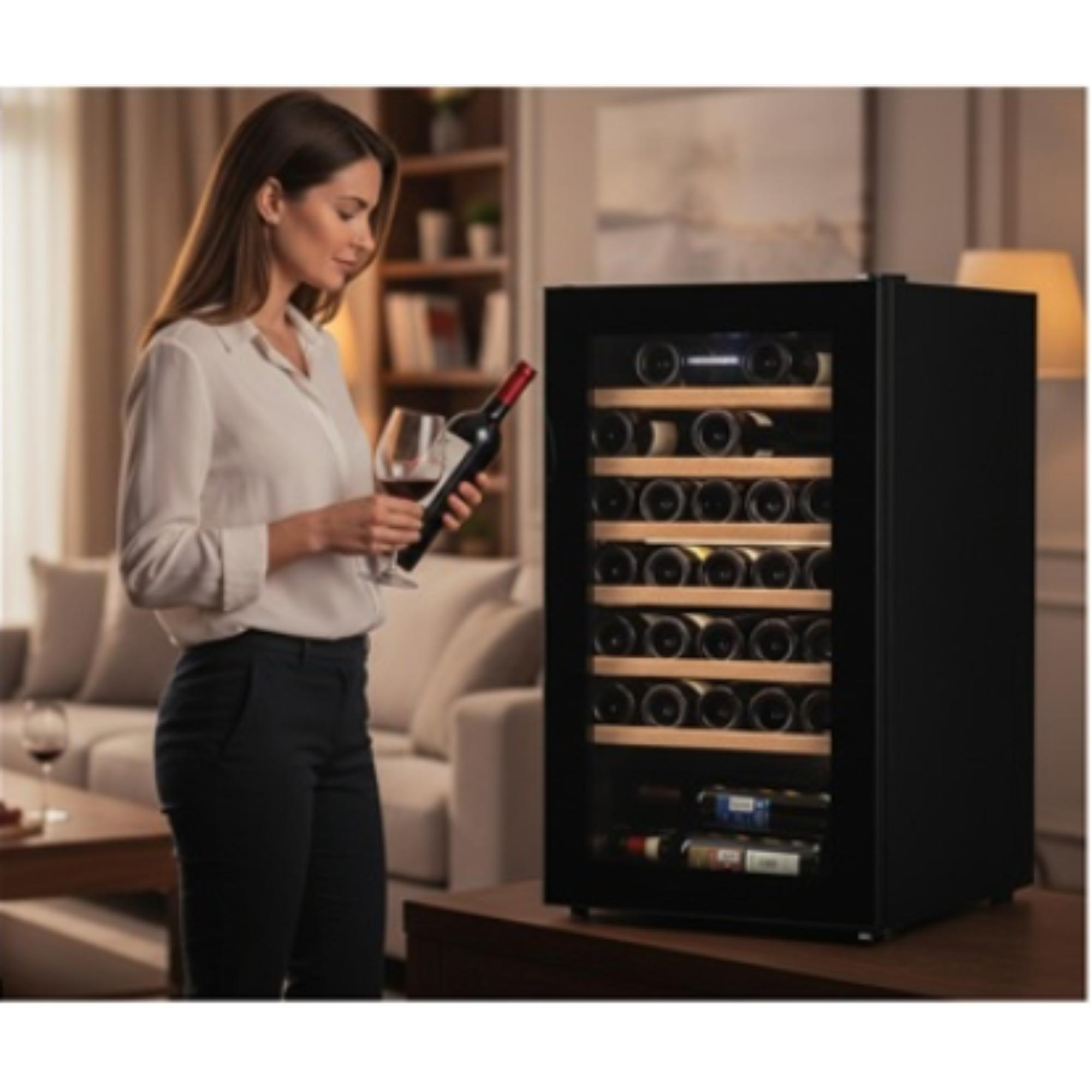 A woman holding a wine bottle and a glass next to a wine cooler filled with bottles in a living room.