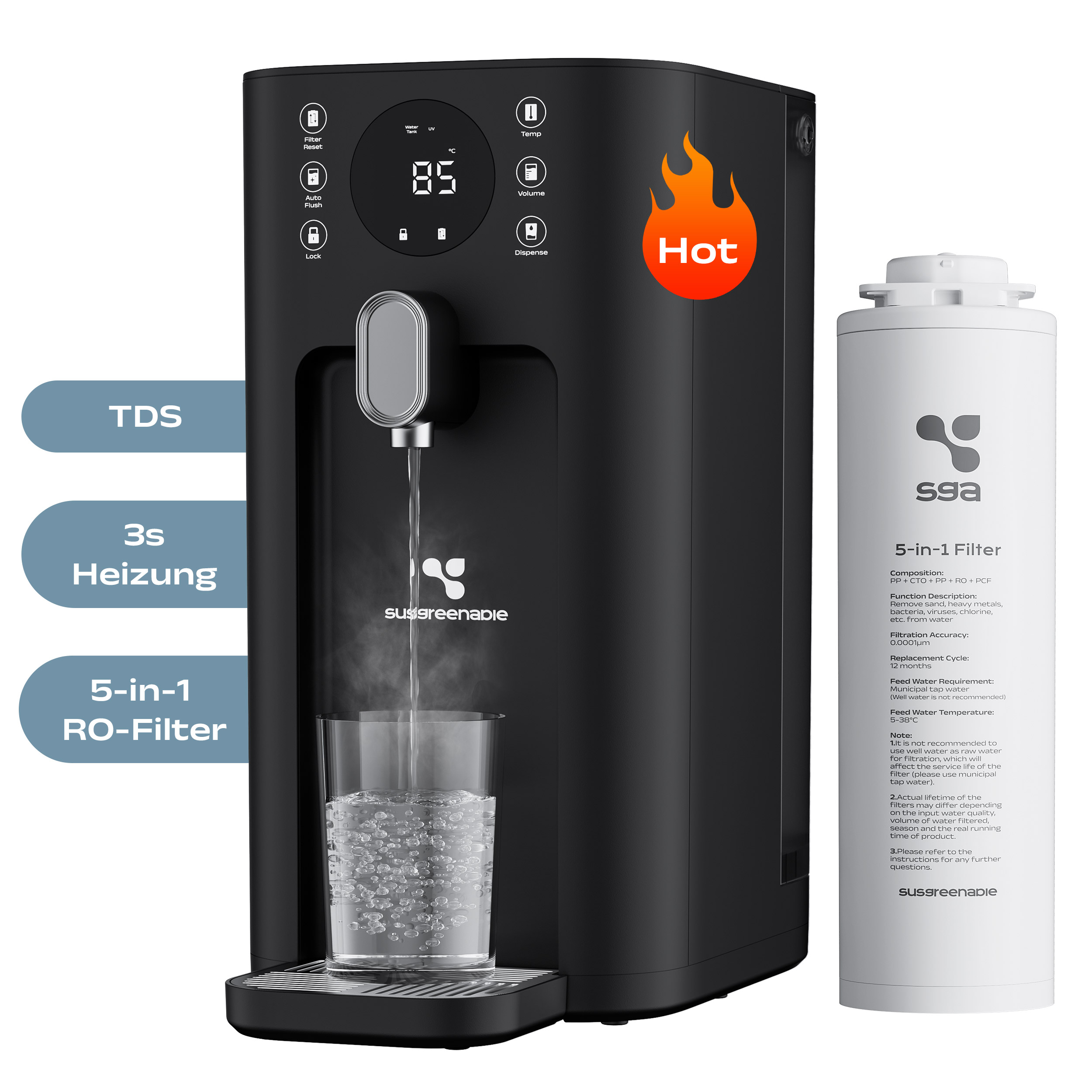 Schwarzer Wasserspender mit Digitalanzeige bei 85 °C, der heißes Wasser in ein Glas abgibt. Filter rechts sichtbar.